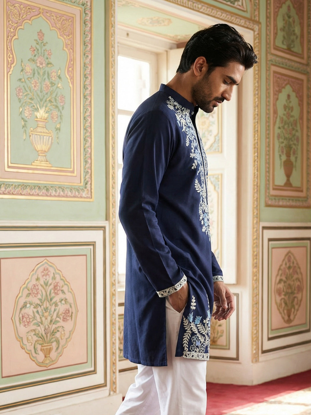 DesiQlo Men Embroidered Kurta Only - Blue - 65KO_5498Navy_S