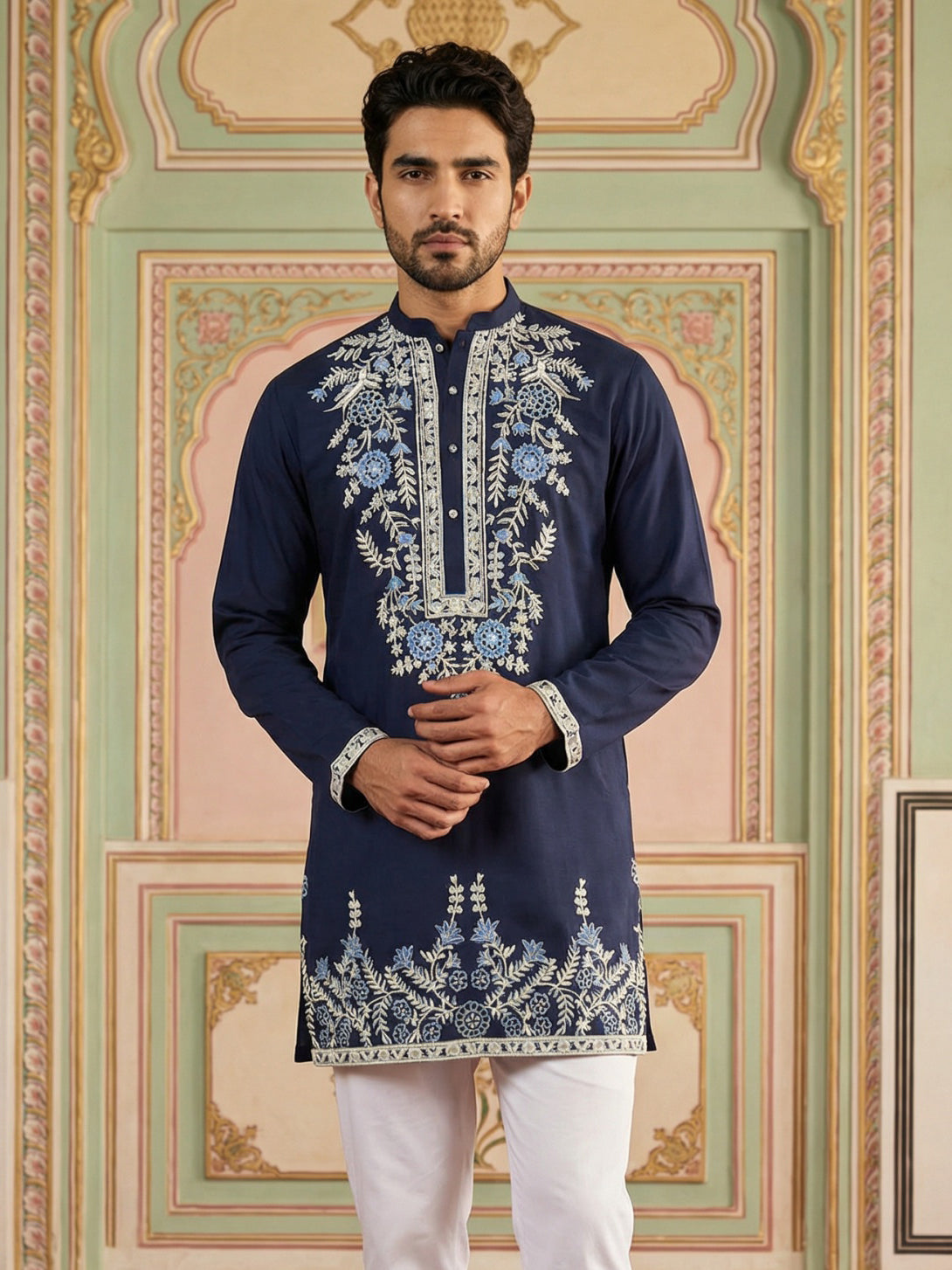 DesiQlo Men Embroidered Kurta Only - Blue - 65KO_5498Navy_S