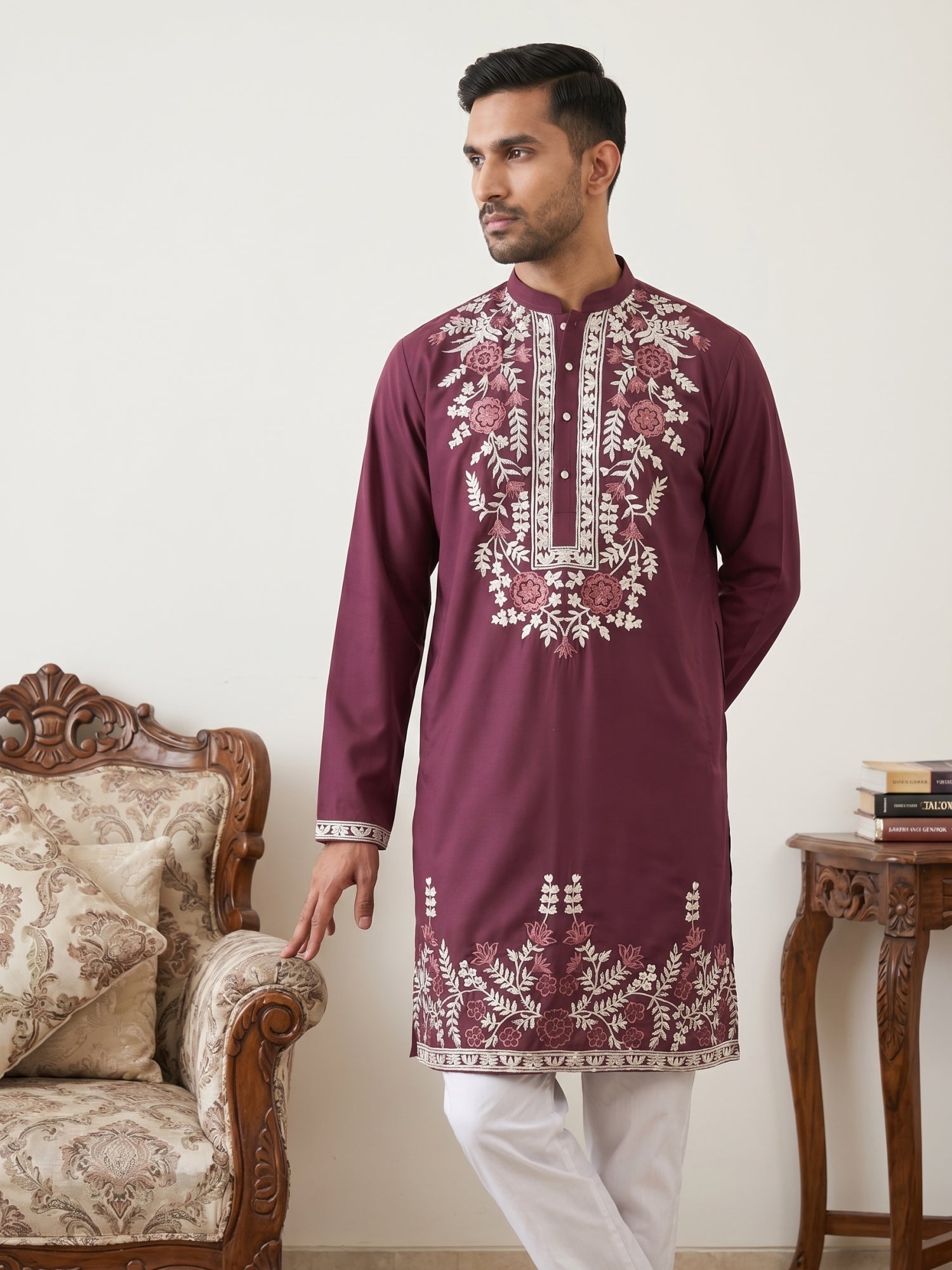 DesiQlo Men Embroidered Kurta Only - Maroon - 65KO_5498Wine_S