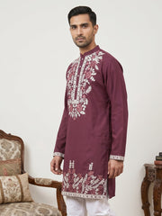 Men Japanese Fabric Embroidered Kurta ( 65KO 5498Wine )