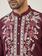 Men Japanese Fabric Embroidered Kurta ( 65KO 5498Wine )
