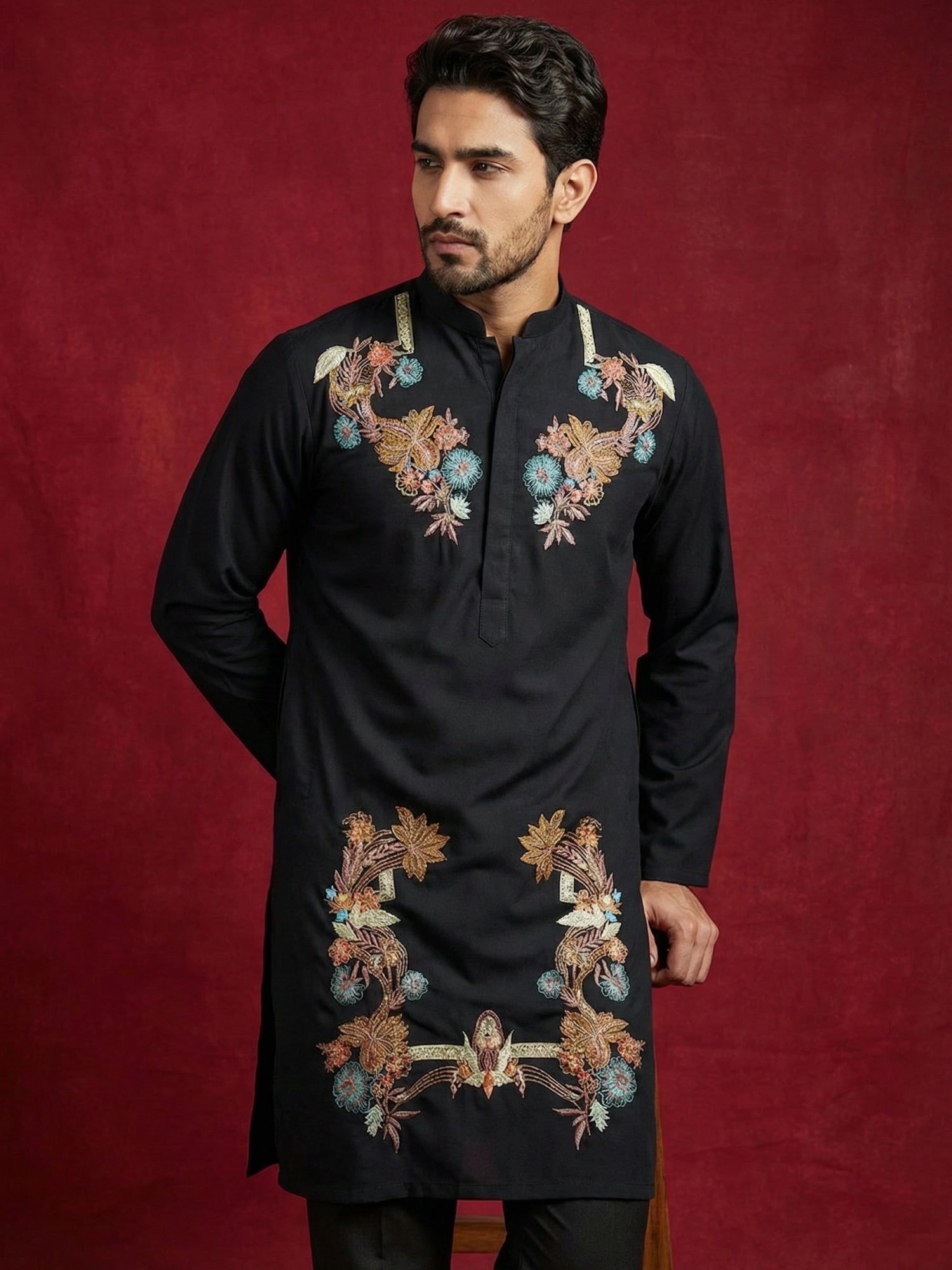 DesiQlo Men Embroidered Kurta Only - Black - 65KO_5499Black_S