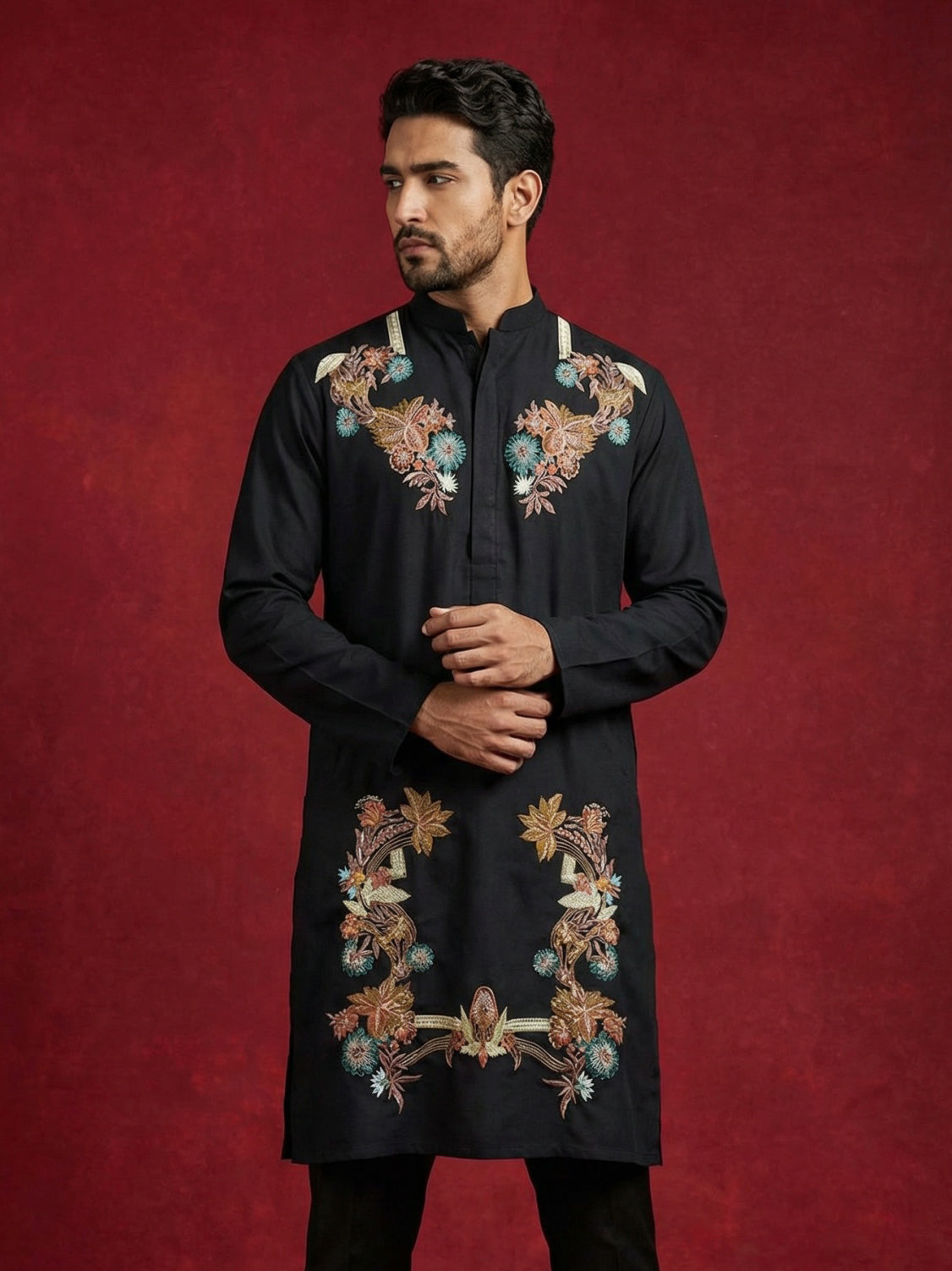 DesiQlo Men Embroidered Kurta Only - Black - 65KO_5499Black_S