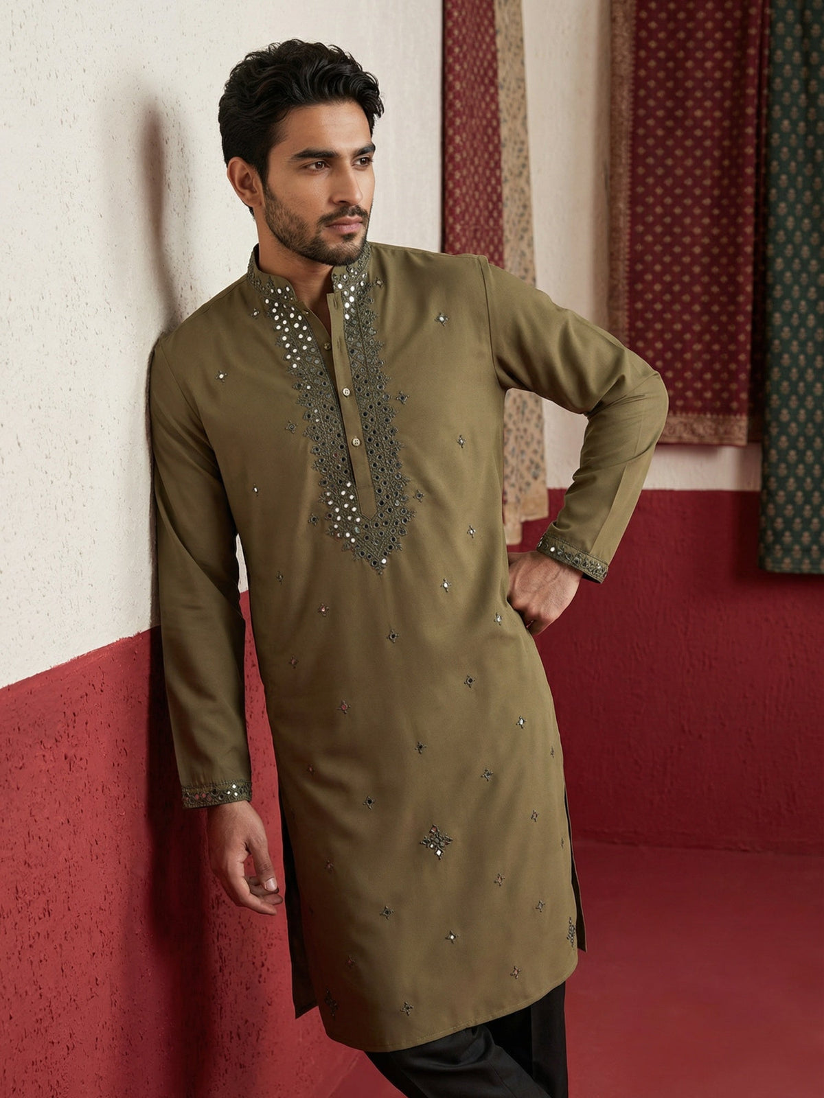 Japanese Fabric & Mirror Work Kurta ( 65KO 5500Mehndi S ) [FF] [Q-7]