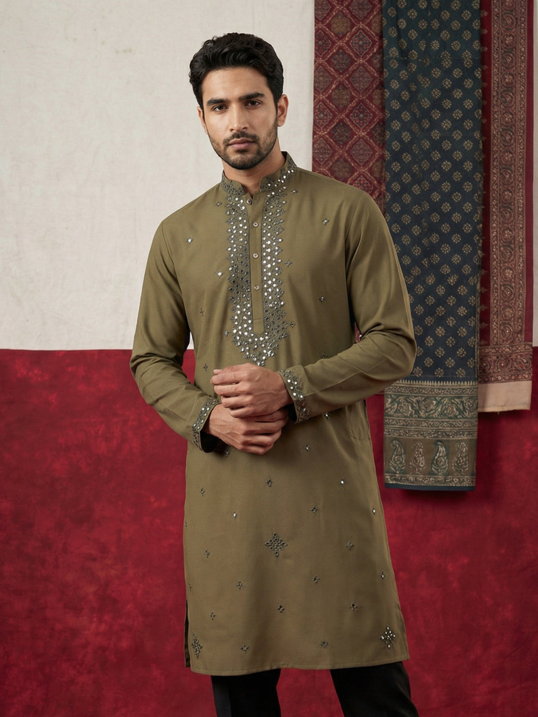 DesiQlo Men Embroidered Kurta Only - Green - 65KO_5500Mehndi_S
