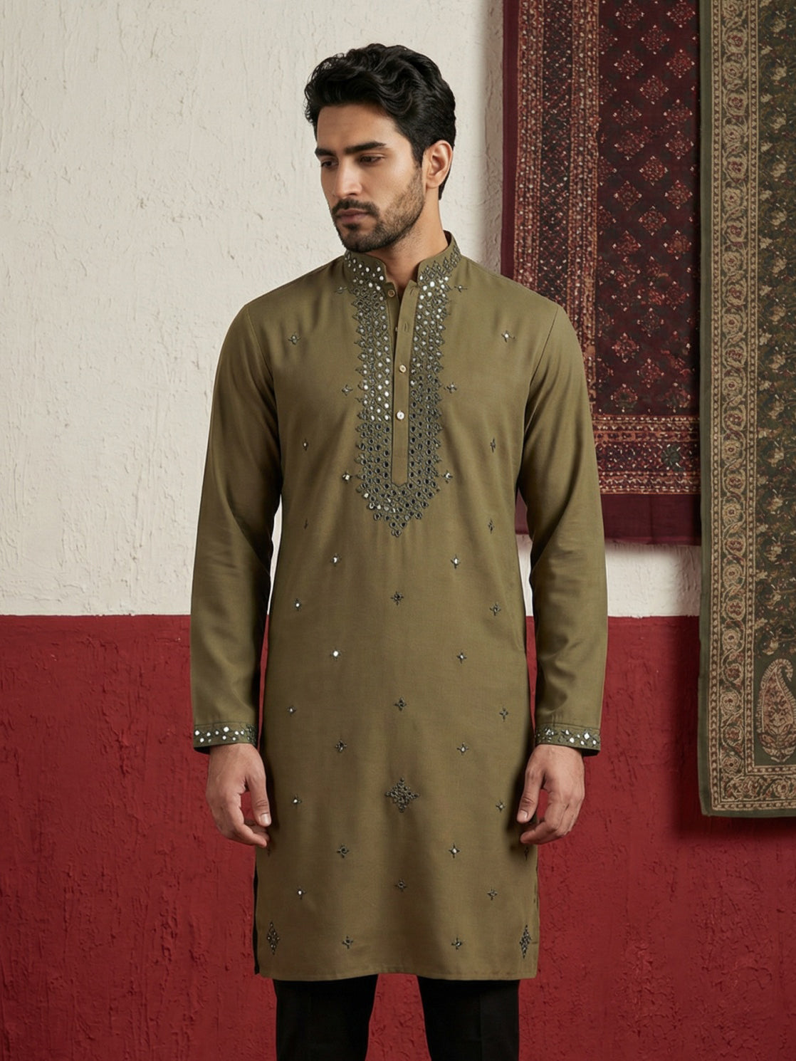DesiQlo Men Embroidered Kurta Only - Green - 65KO_5500Mehndi_S