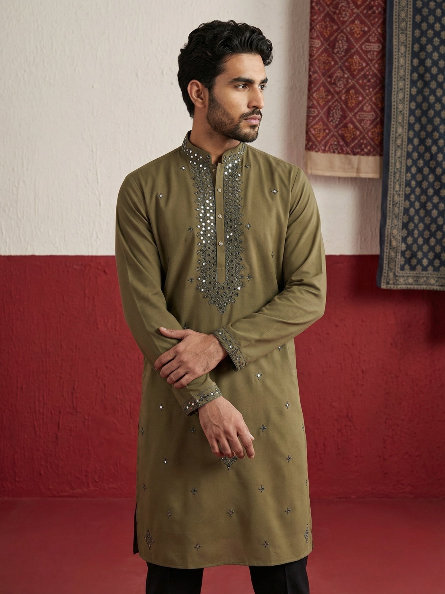 DesiQlo Men Embroidered Kurta Only - Green - 65KO_5500Mehndi_S