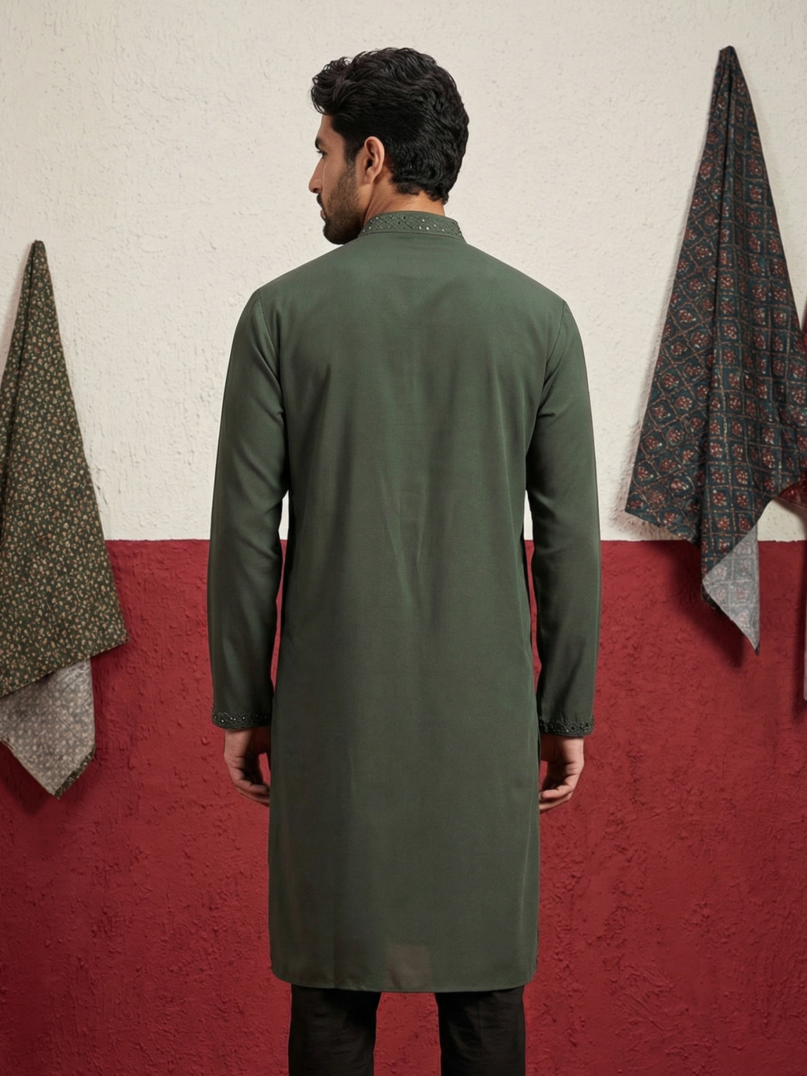 DesiQlo Men Embroidered Kurta Only - Green - 65KO_5500Olive_S