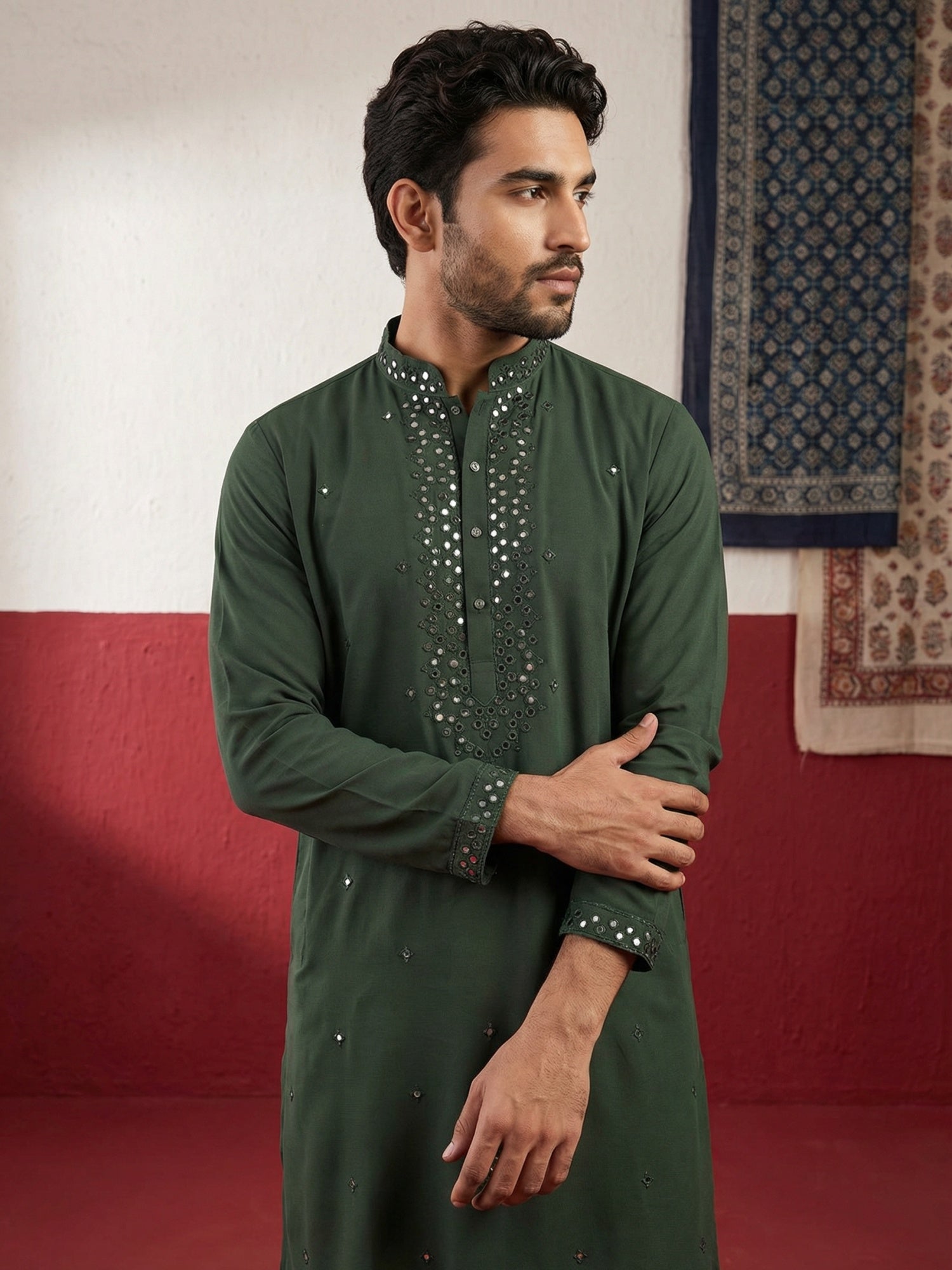 DesiQlo Men Embroidered Kurta Only - Green - 65KO_5500Olive_S