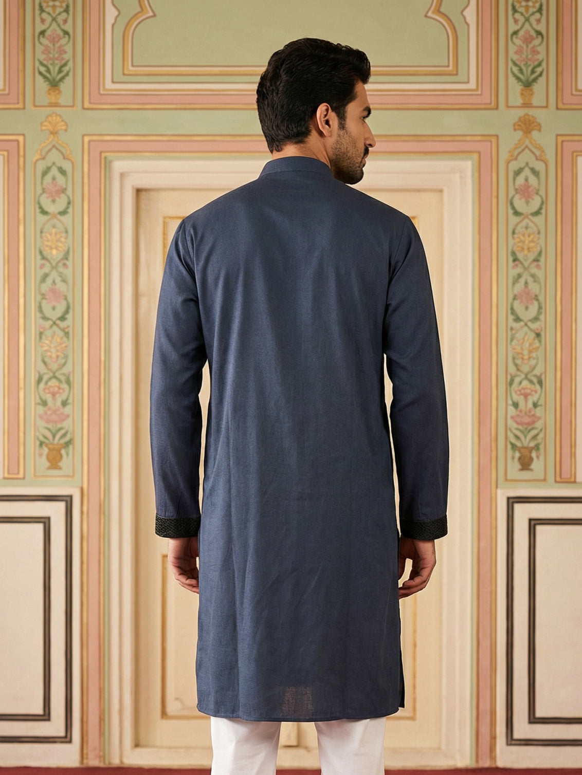 DesiQlo Men Embroidered Kurta Only - Blue - 65KO_5501Navy_S