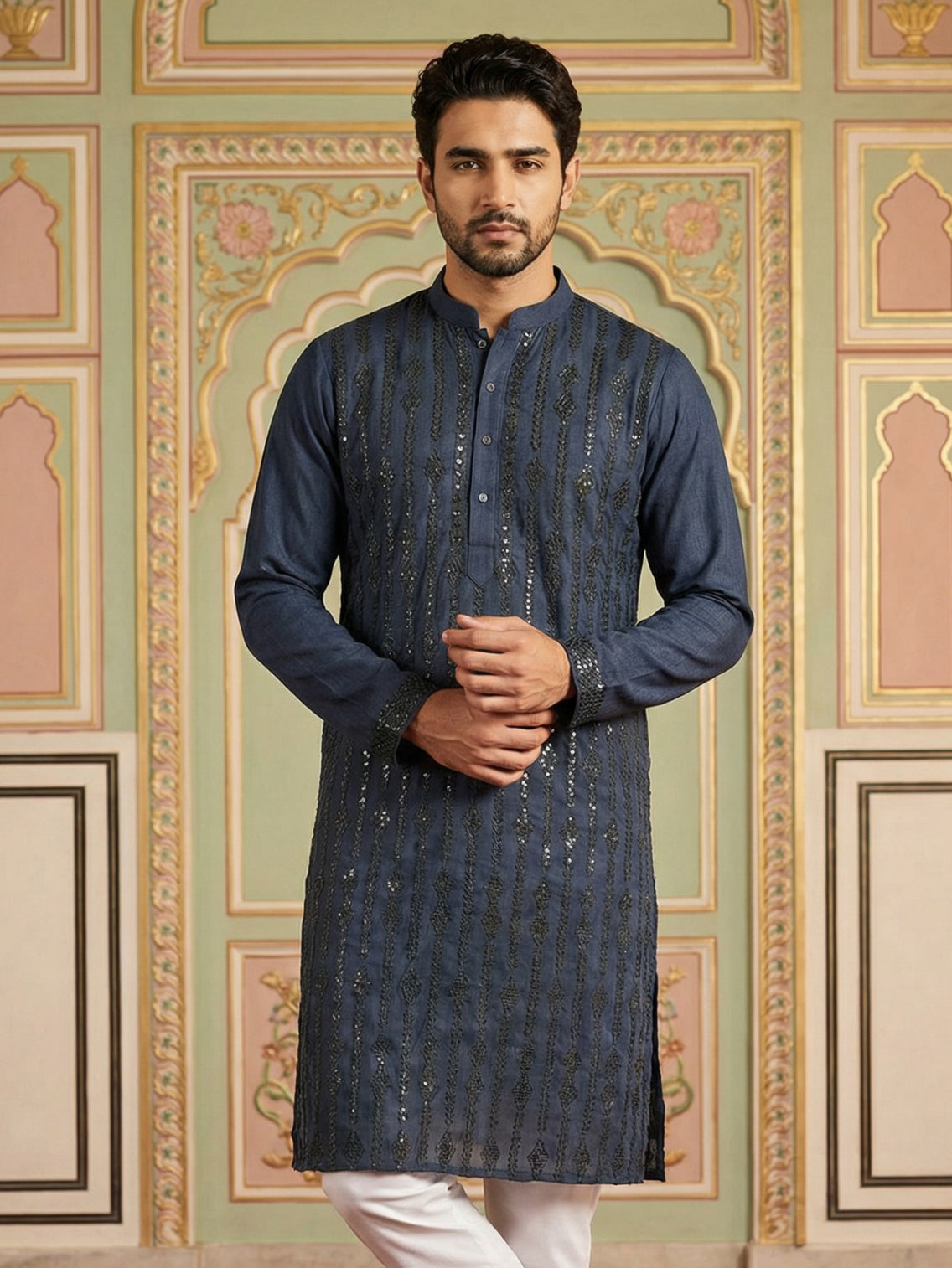 DesiQlo Men Embroidered Kurta Only - Blue - 65KO_5501Navy_S