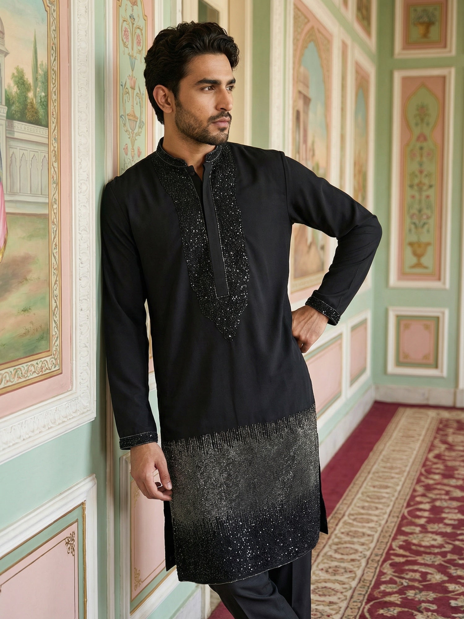 DesiQlo Men Embroidered Kurta Only - Black - 65KO_5502Black_S