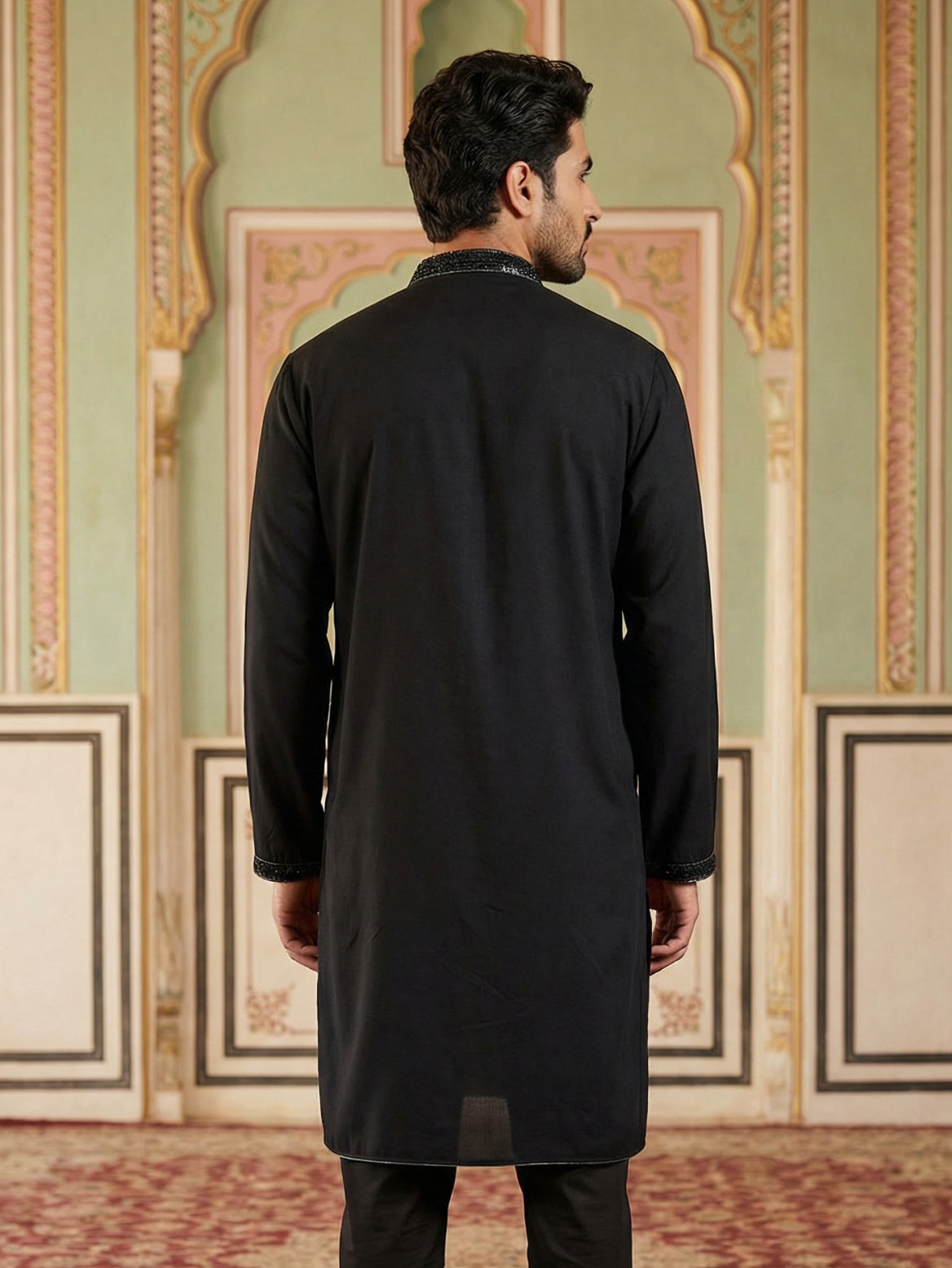 DesiQlo Men Embroidered Kurta Only - Black - 65KO_5502Black_S