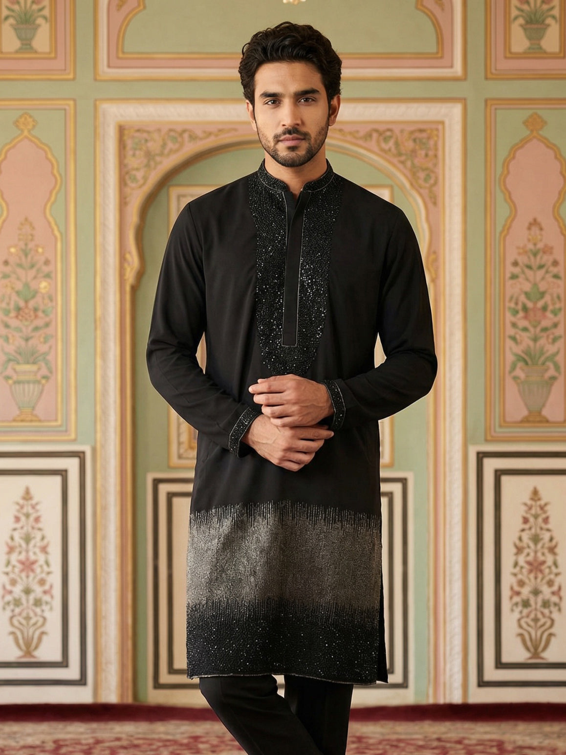DesiQlo Men Embroidered Kurta Only - Black - 65KO_5502Black_S