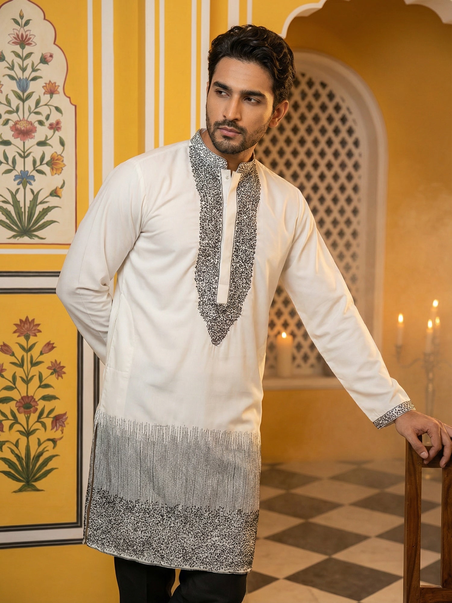 DesiQlo Men Embroidered Kurta Only - White - 65KO_5502White_S