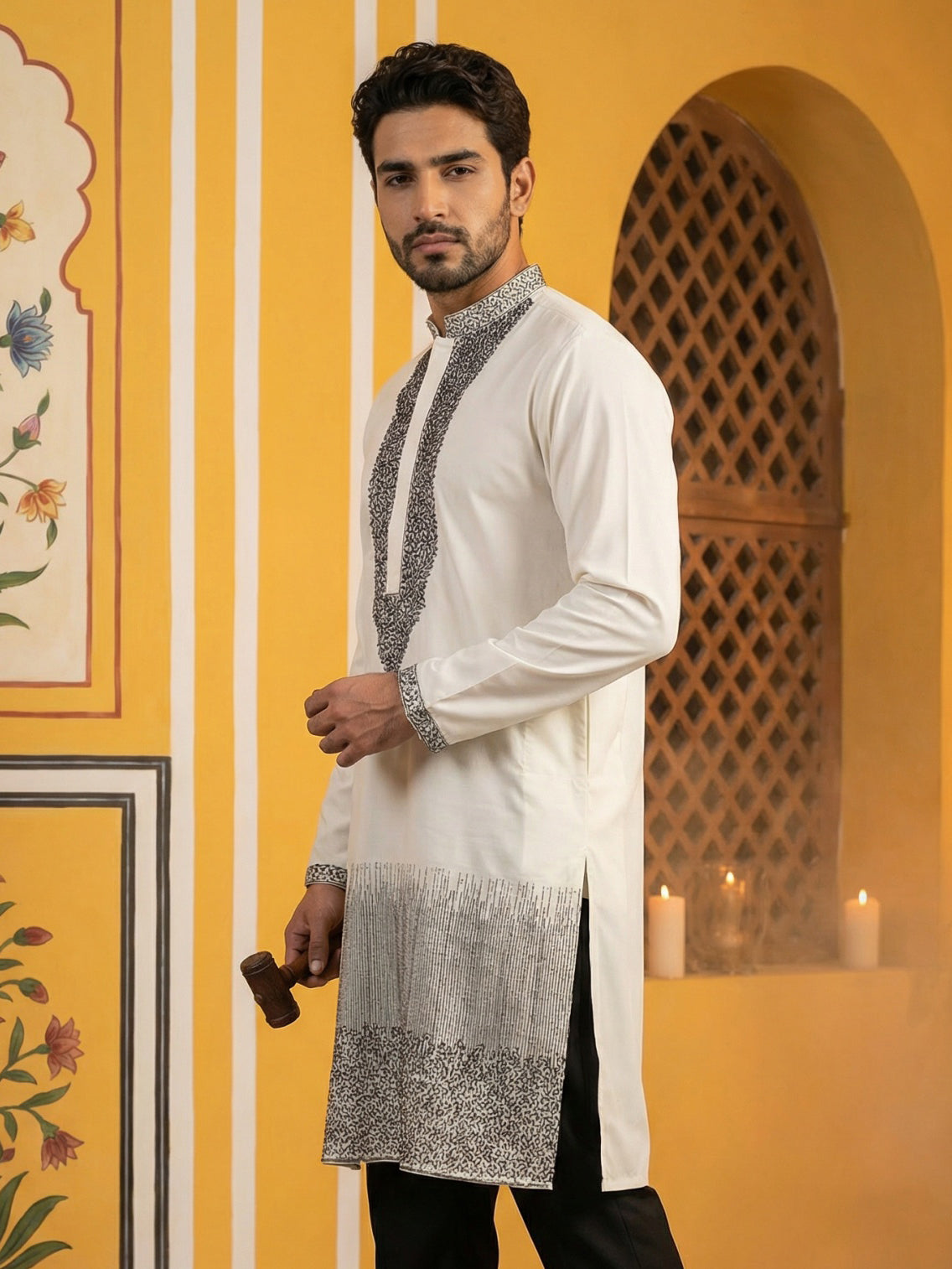DesiQlo Men Embroidered Kurta Only - White - 65KO_5502White_S