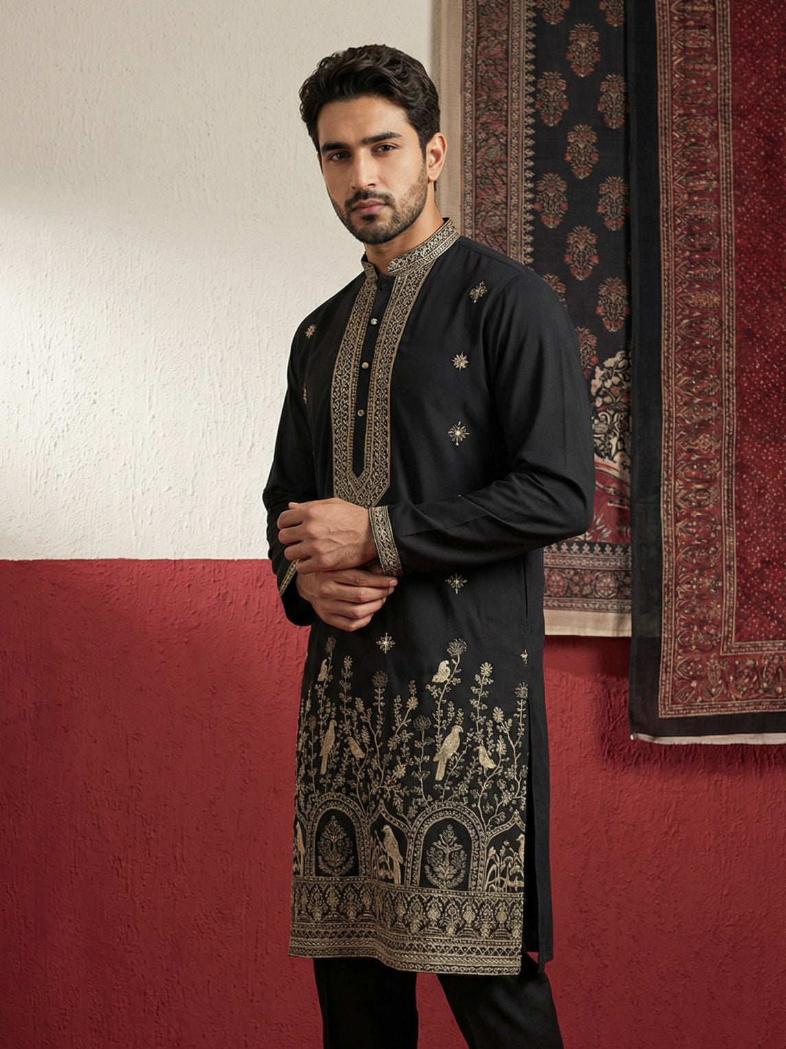 DesiQlo Men Embroidered Kurta Only - Black - 65KO_5503Black_S