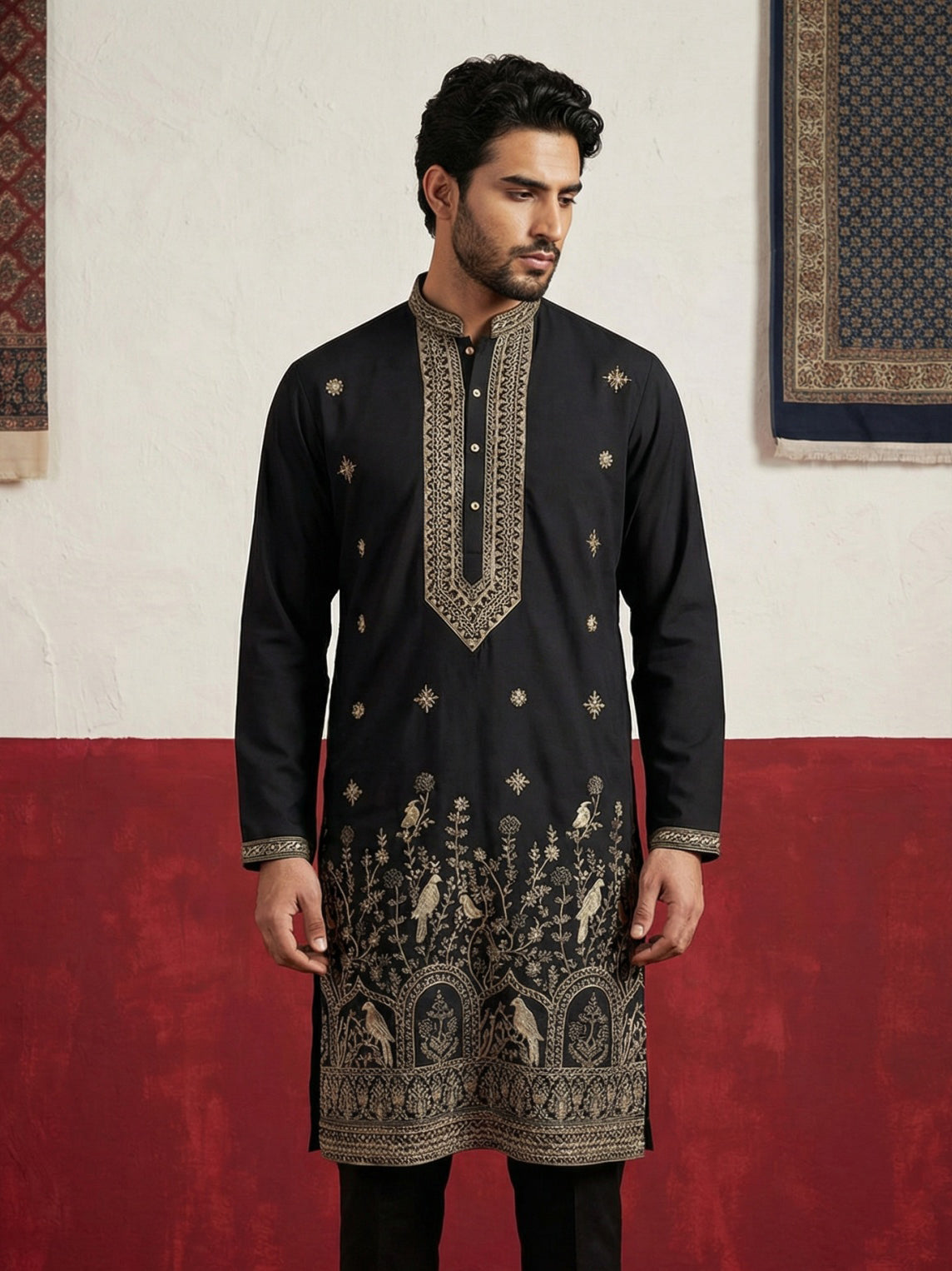DesiQlo Men Embroidered Kurta Only - Black - 65KO_5503Black_S