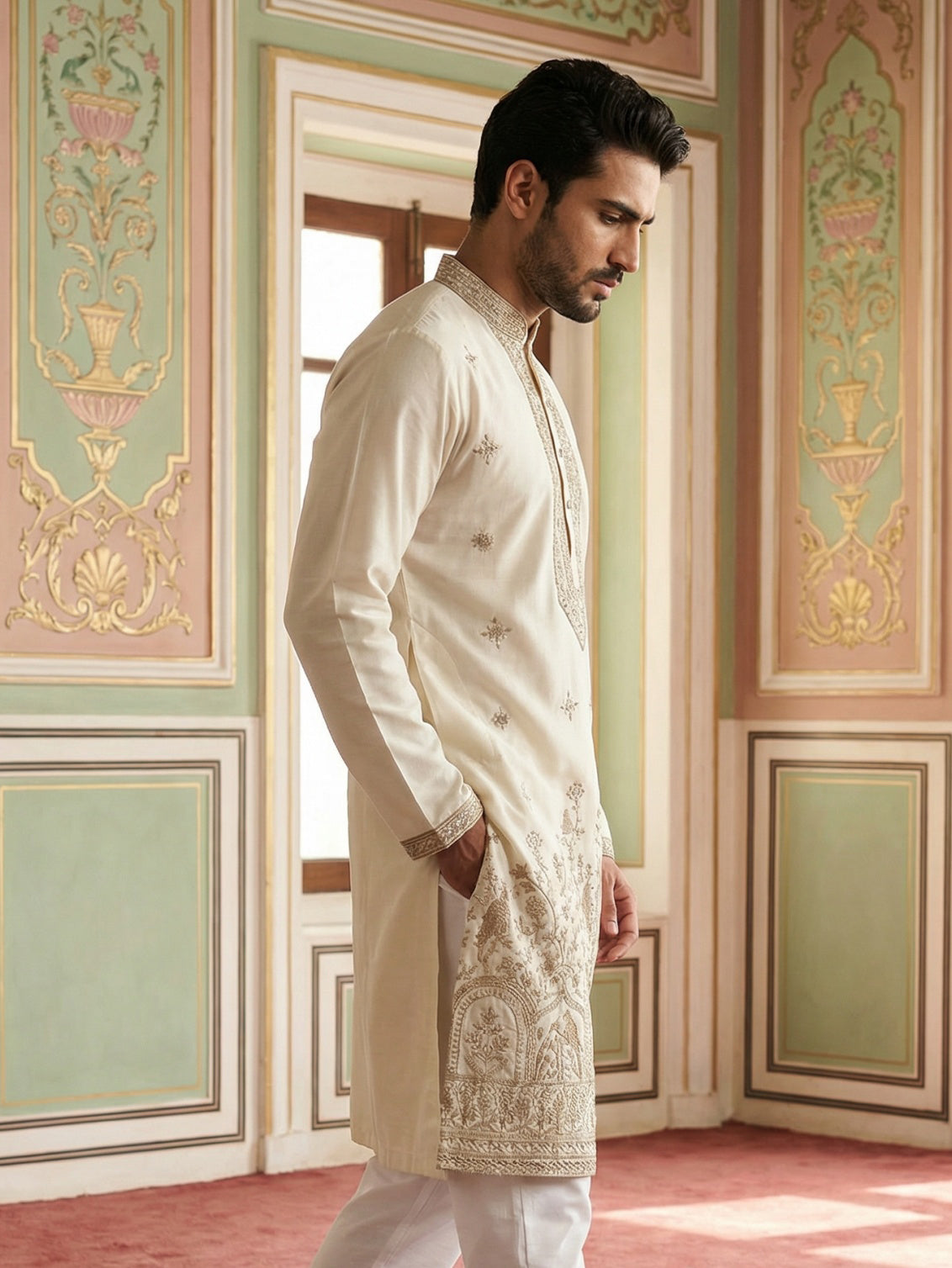 DesiQlo Men Embroidered Kurta Only - White - 65KO_5503White_S