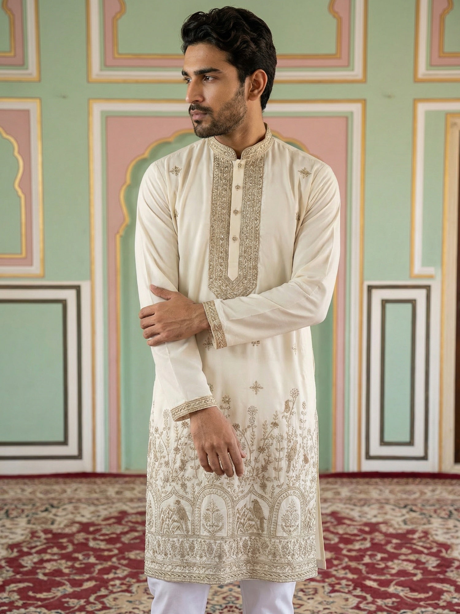 DesiQlo Men Embroidered Kurta Only - White - 65KO_5503White_S