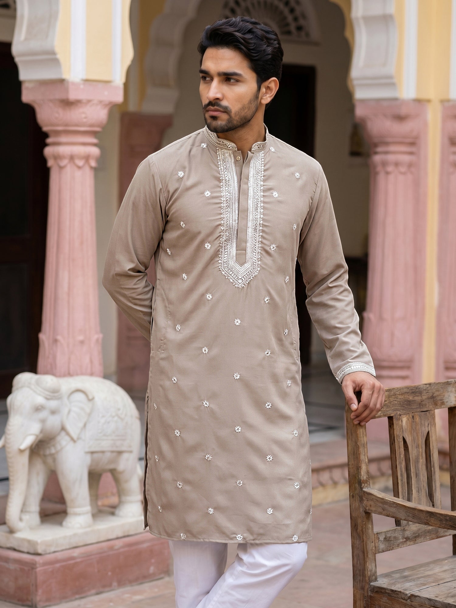 DesiQlo Men Embroidered Kurta Only - Beige - 65KO_5504Beige_S