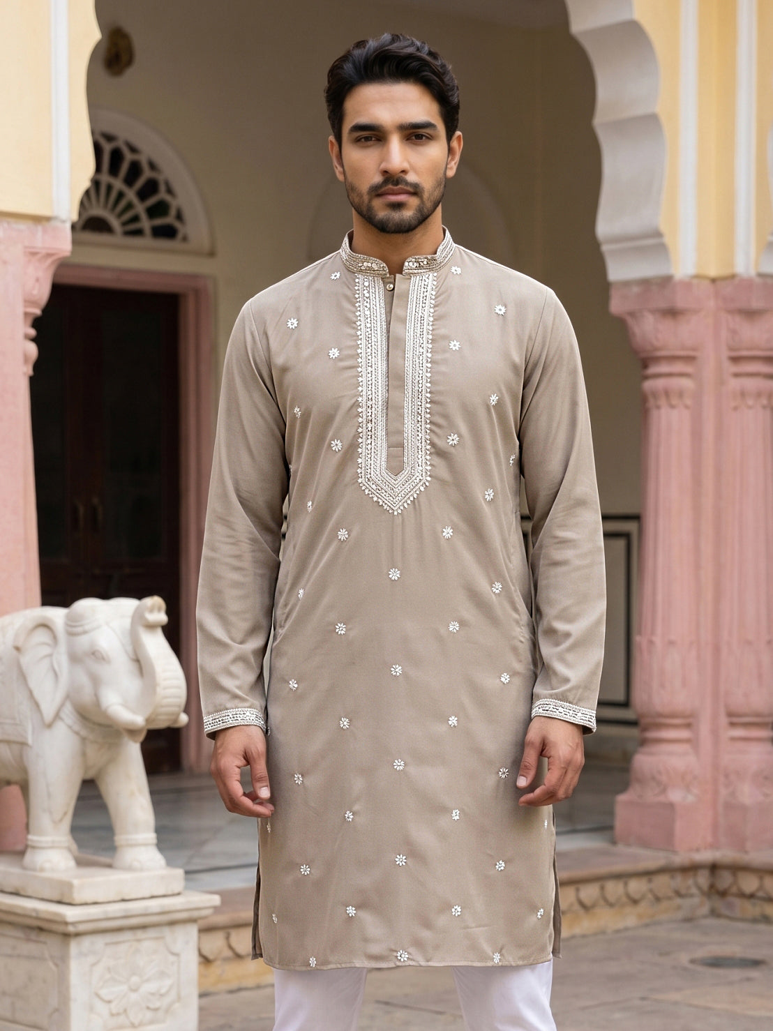 DesiQlo Men Embroidered Kurta Only - Beige - 65KO_5504Beige_S