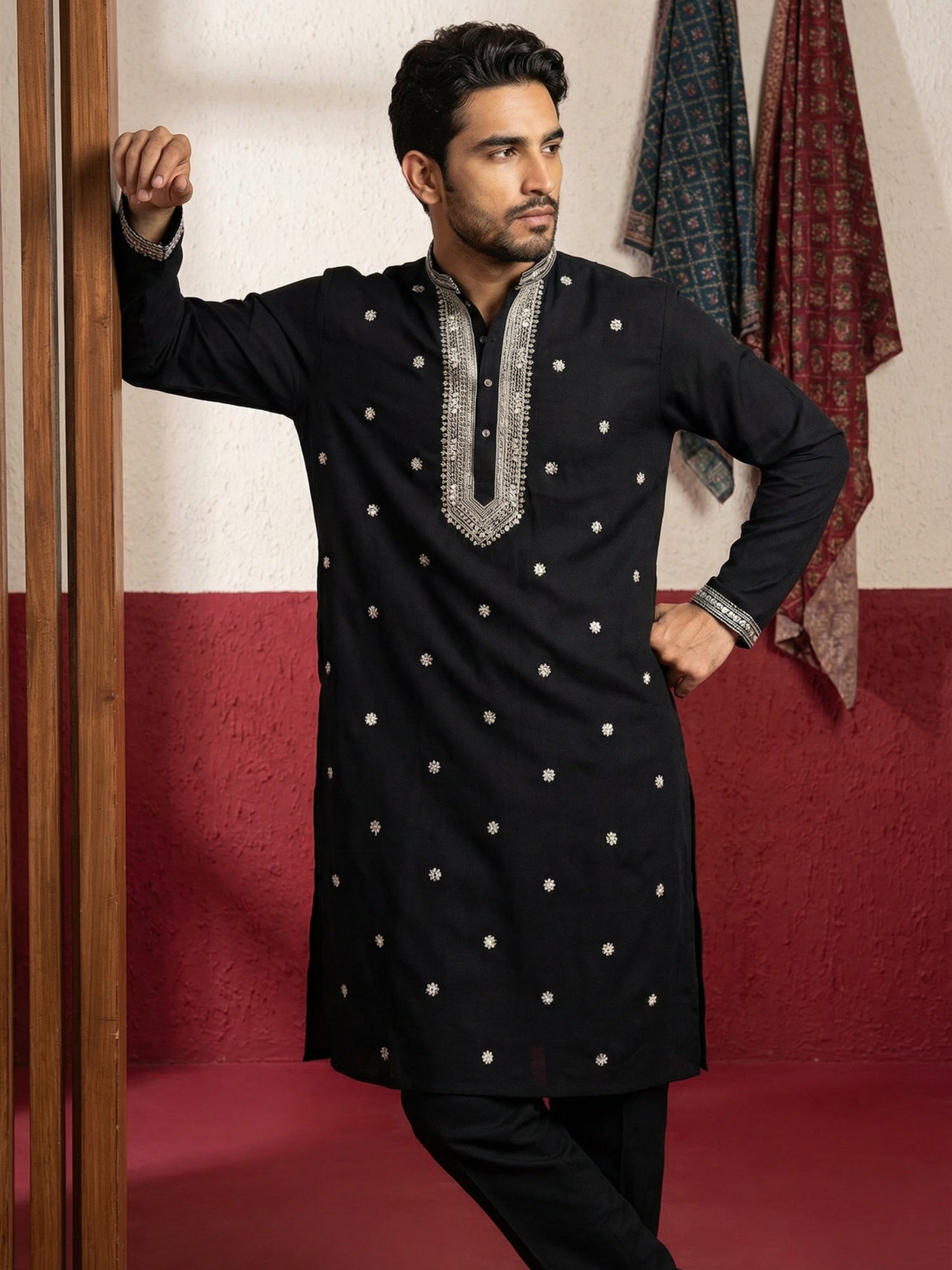 DesiQlo Men Embroidered Kurta Only - Black - 65KO_5504Black_S