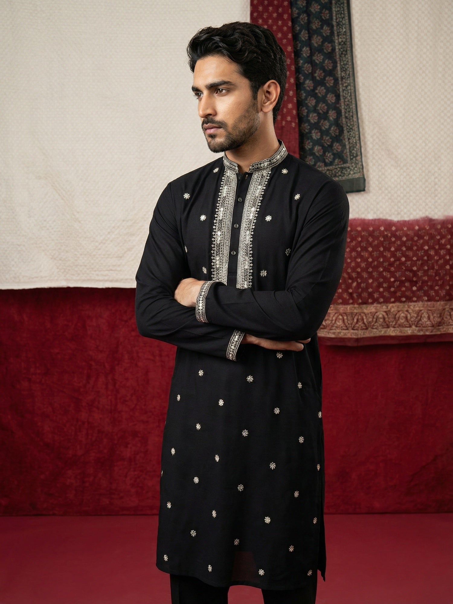 DesiQlo Men Embroidered Kurta Only - Black - 65KO_5504Black_S