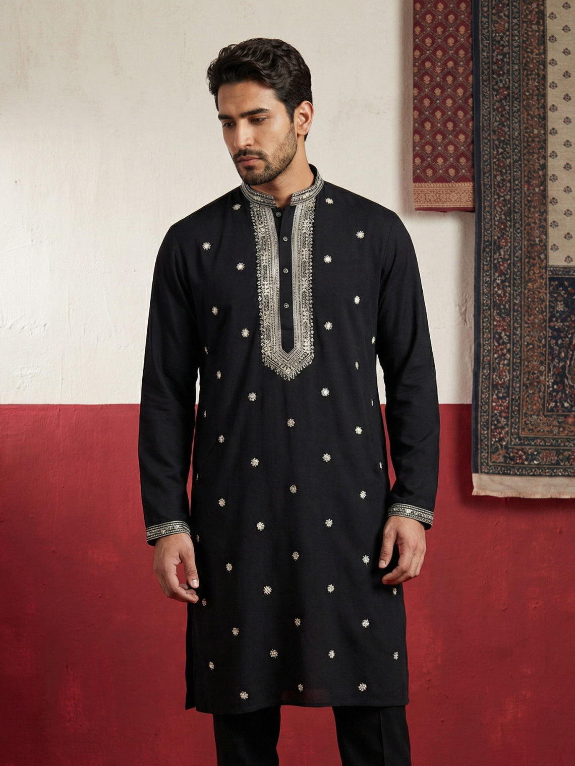 DesiQlo Men Embroidered Kurta Only - Black - 65KO_5504Black_S