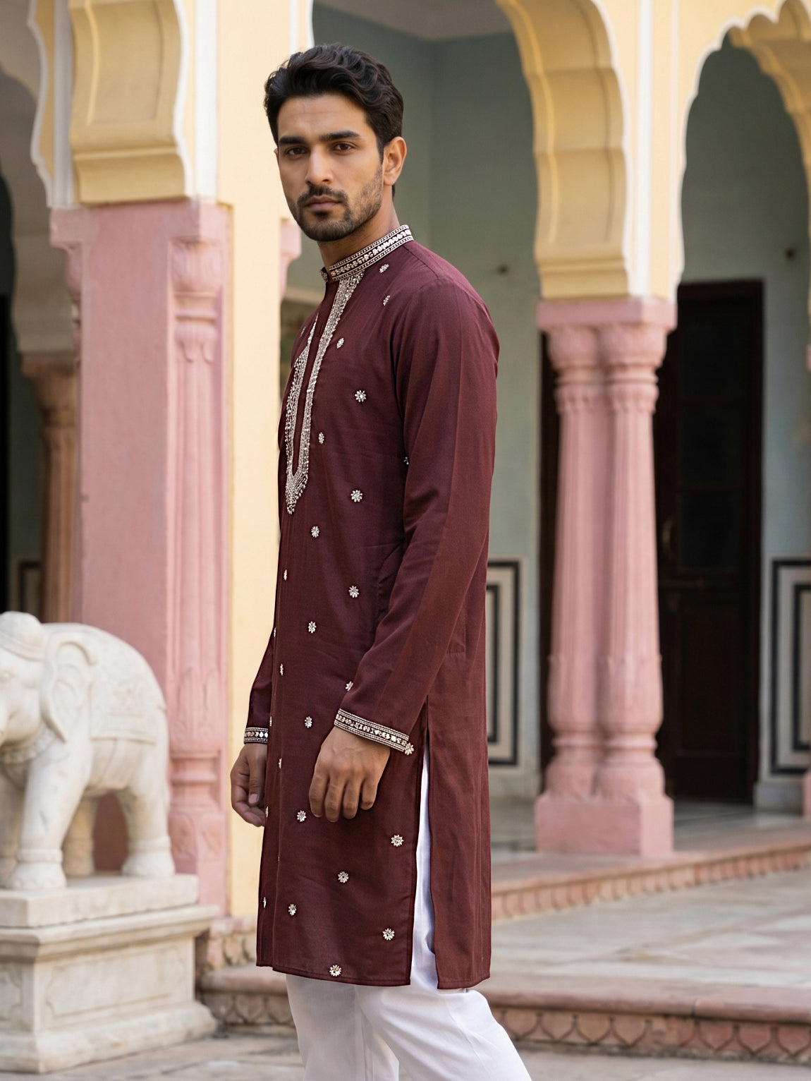 DesiQlo Men Embroidered Kurta Only - Maroon - 65KO_5504Maroon_S