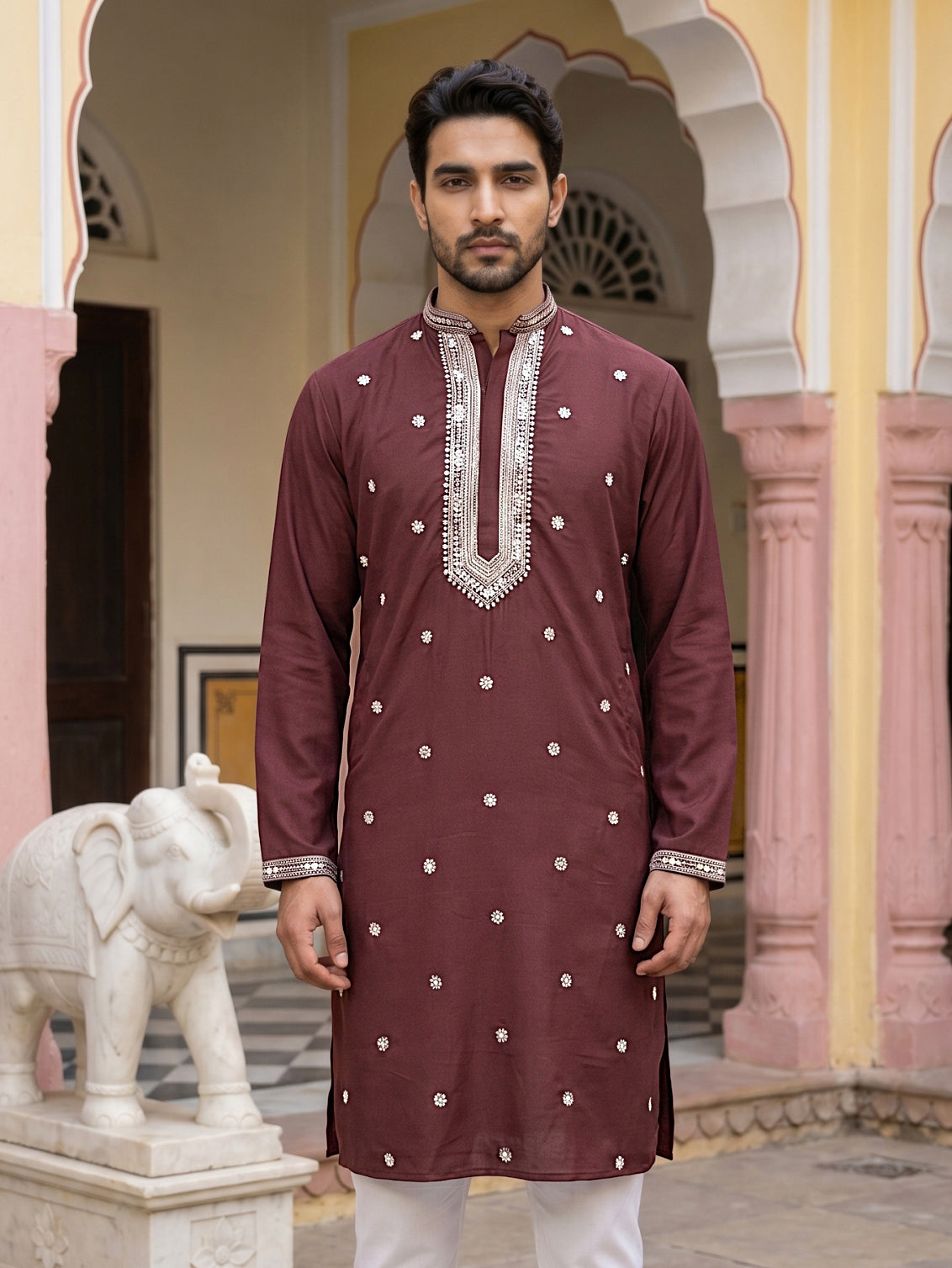 DesiQlo Men Embroidered Kurta Only - Maroon - 65KO_5504Maroon_S
