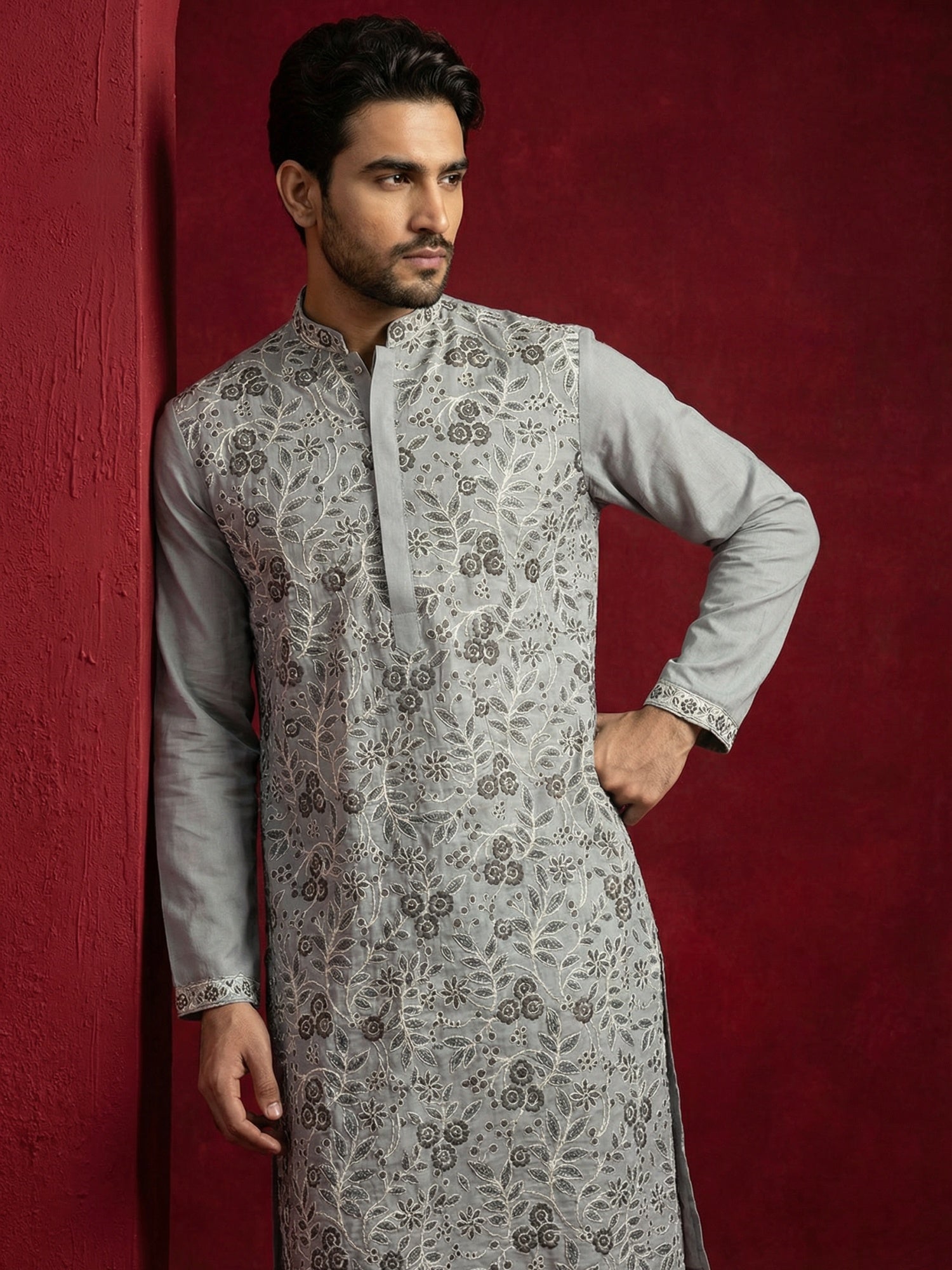 DesiQlo Men Embroidered Kurta Only - Grey - 65KO_5505Grey_S