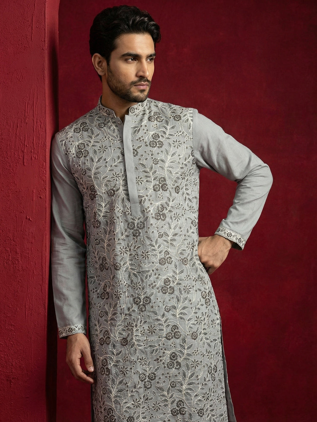 Men Festive Grey Embroidered Straight Kurta ( 65KO 5505Grey S ) [FF] [H-10]