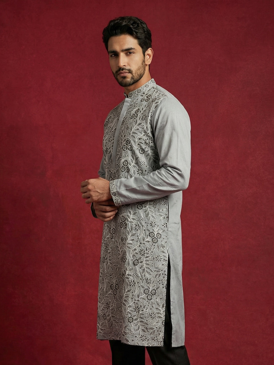 DesiQlo Men Embroidered Kurta Only - Grey - 65KO_5505Grey_S