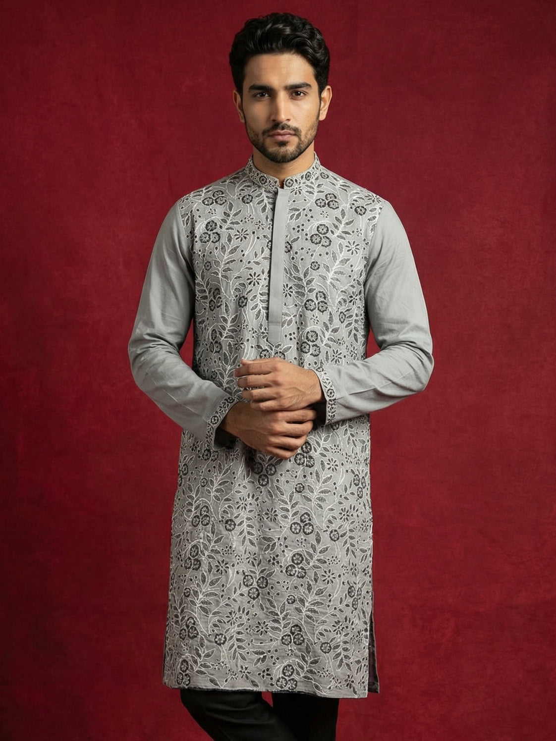 DesiQlo Men Embroidered Kurta Only - Grey - 65KO_5505Grey_S
