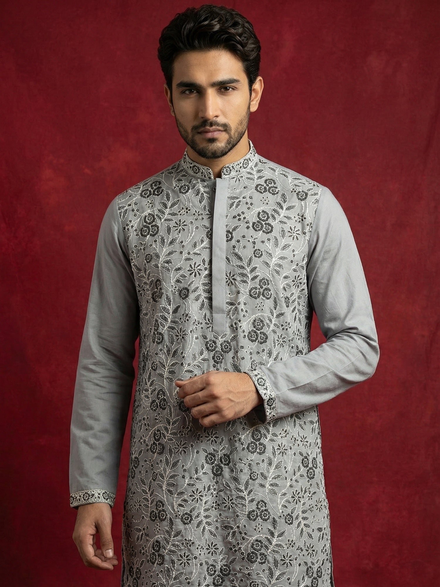 DesiQlo Men Embroidered Kurta Only - Grey - 65KO_5505Grey_S