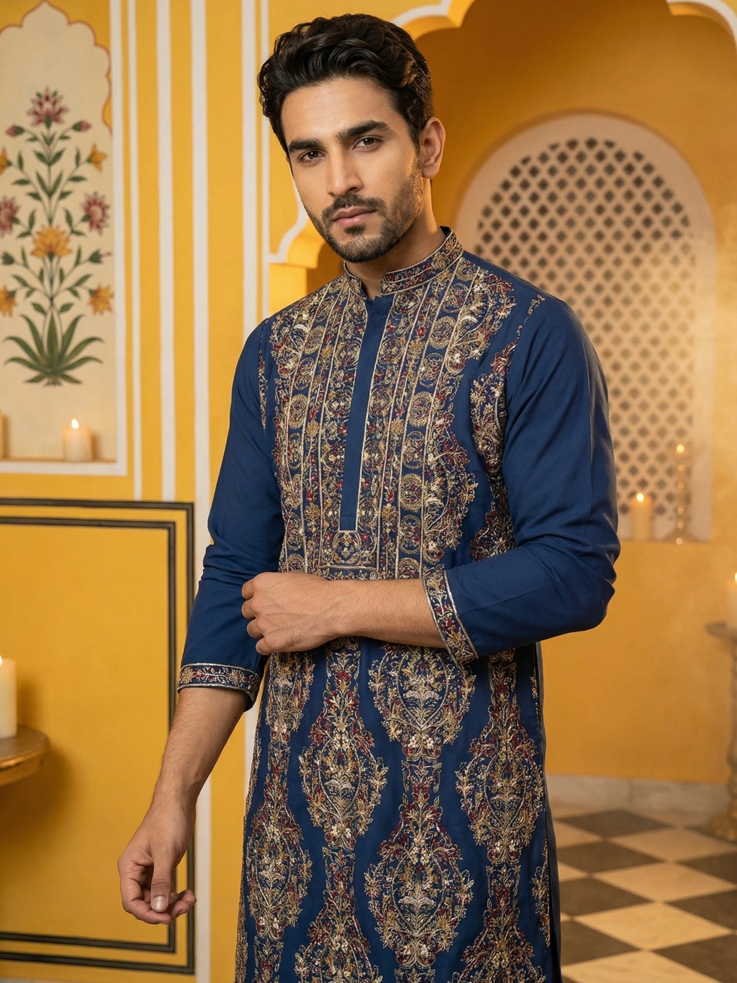 DesiQlo Men Embroidered Kurta Only - Multicolor - 65KO_5506Peacock_S