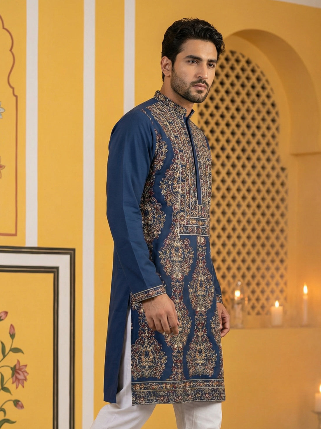 DesiQlo Men Embroidered Kurta Only - Multicolor - 65KO_5506Peacock_S