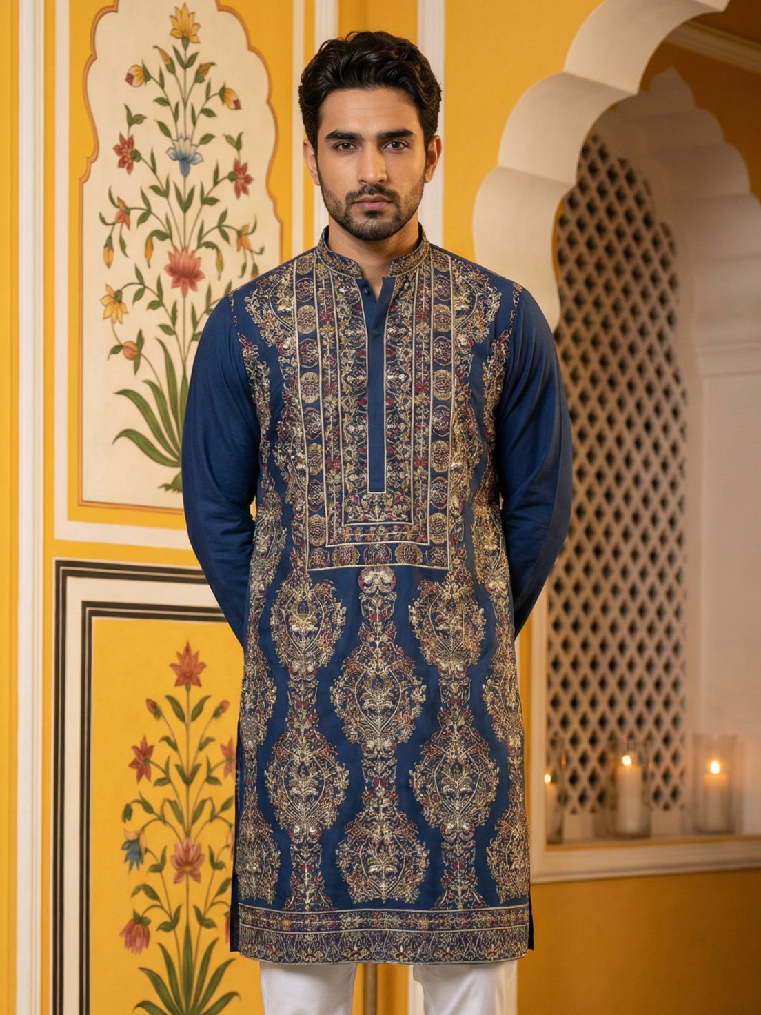 DesiQlo Men Embroidered Kurta Only - Multicolor - 65KO_5506Peacock_S