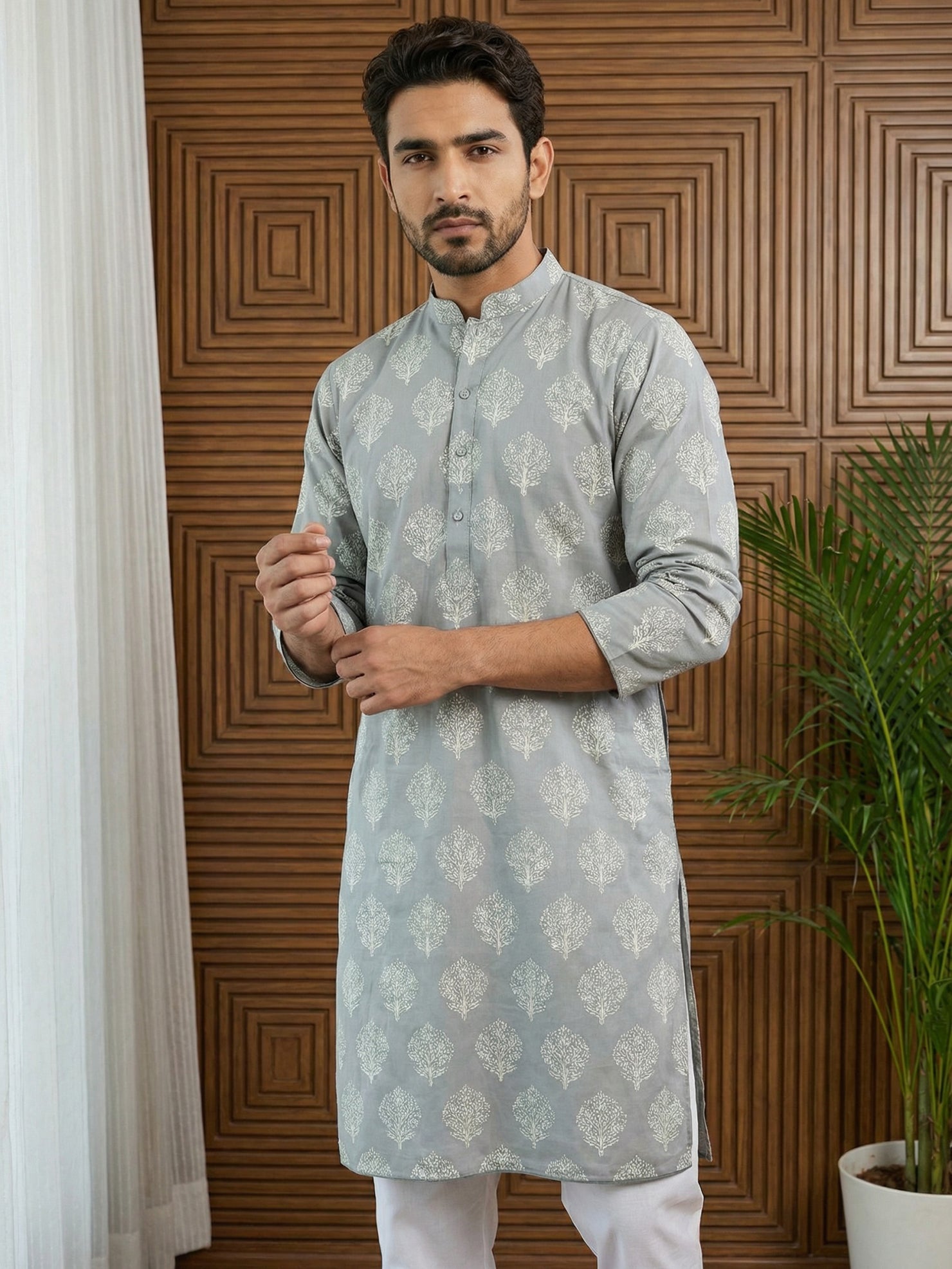 DesiQlo Men Printed Kurta Only - Grey - 65KO_5510Grey_S
