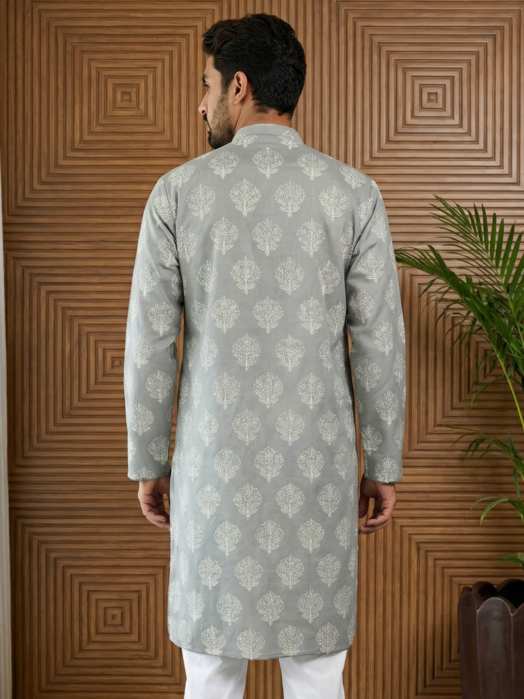 DesiQlo Men Printed Kurta Only - Grey - 65KO_5510Grey_S