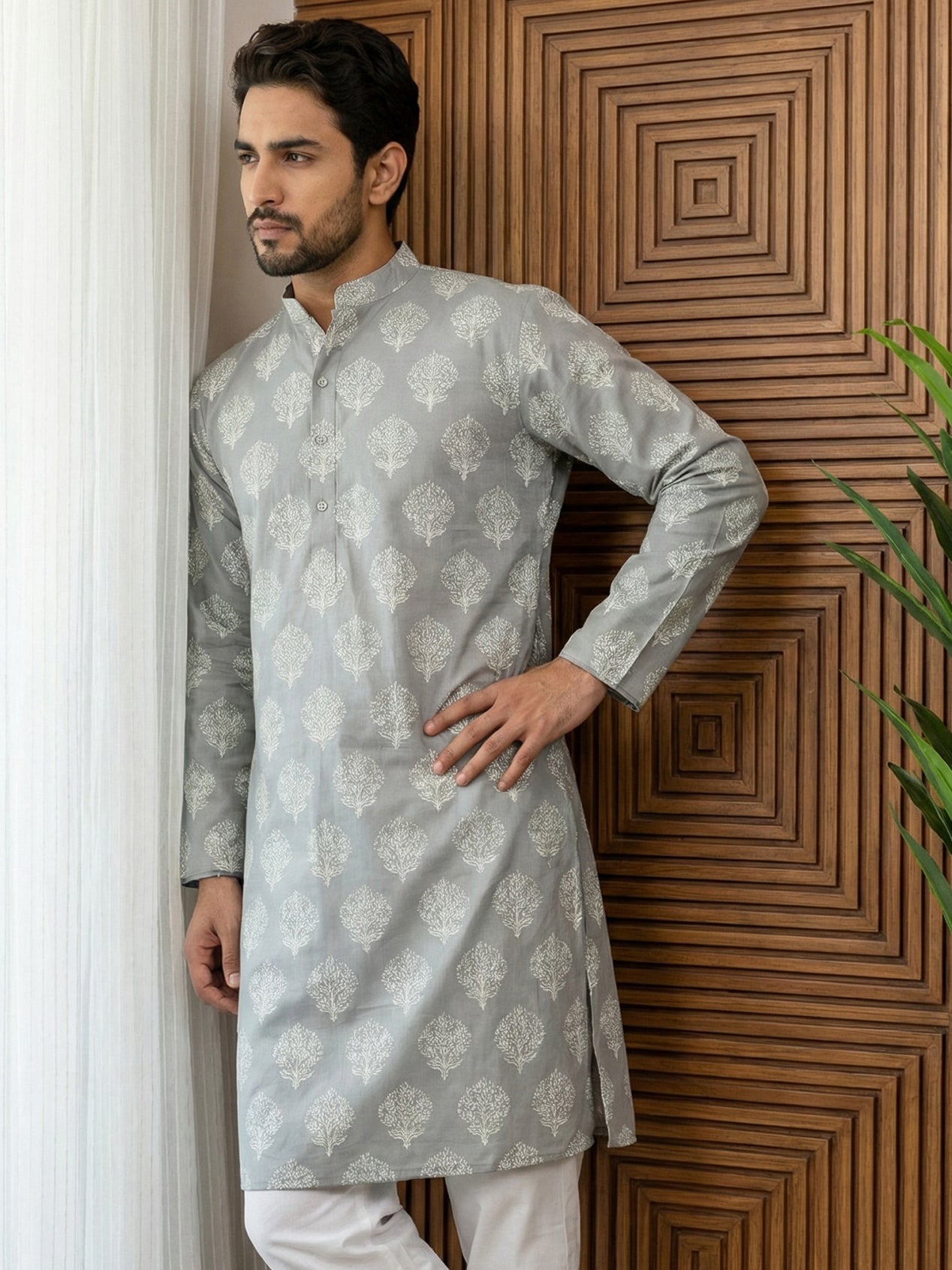 DesiQlo Men Printed Kurta Only - Grey - 65KO_5510Grey_S