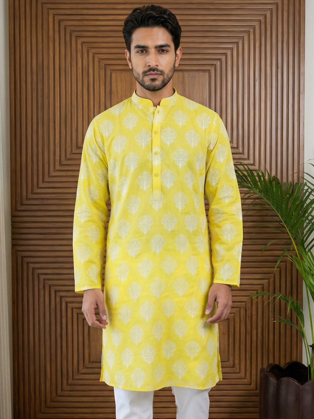 DesiQlo Men Printed Kurta Only - Yellow - 65KO_5510Lemon_S