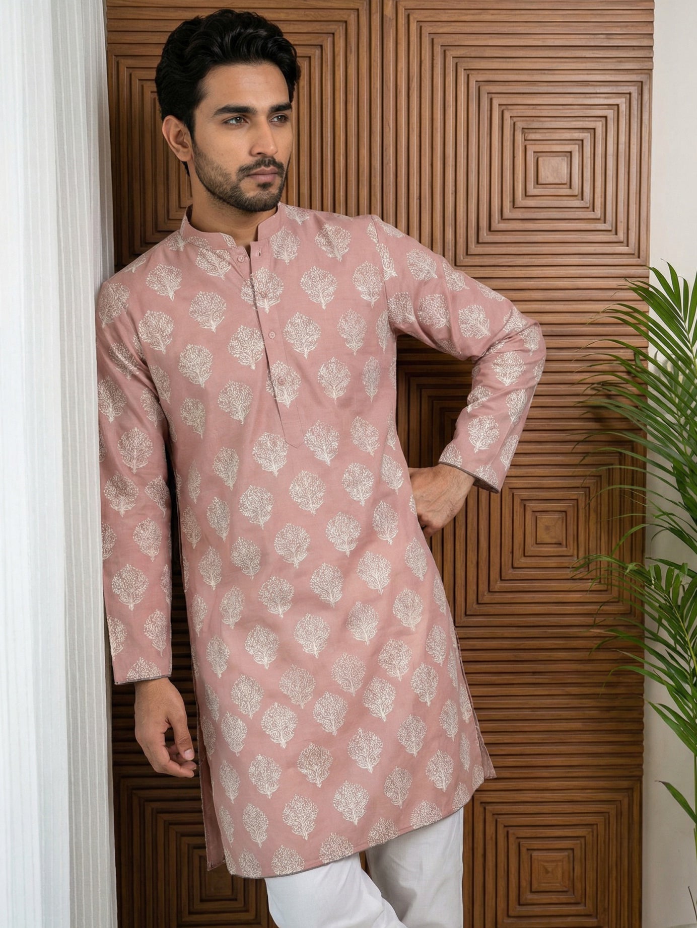 DesiQlo Men Printed Kurta Only - Orange - 65KO_5510Peach_S