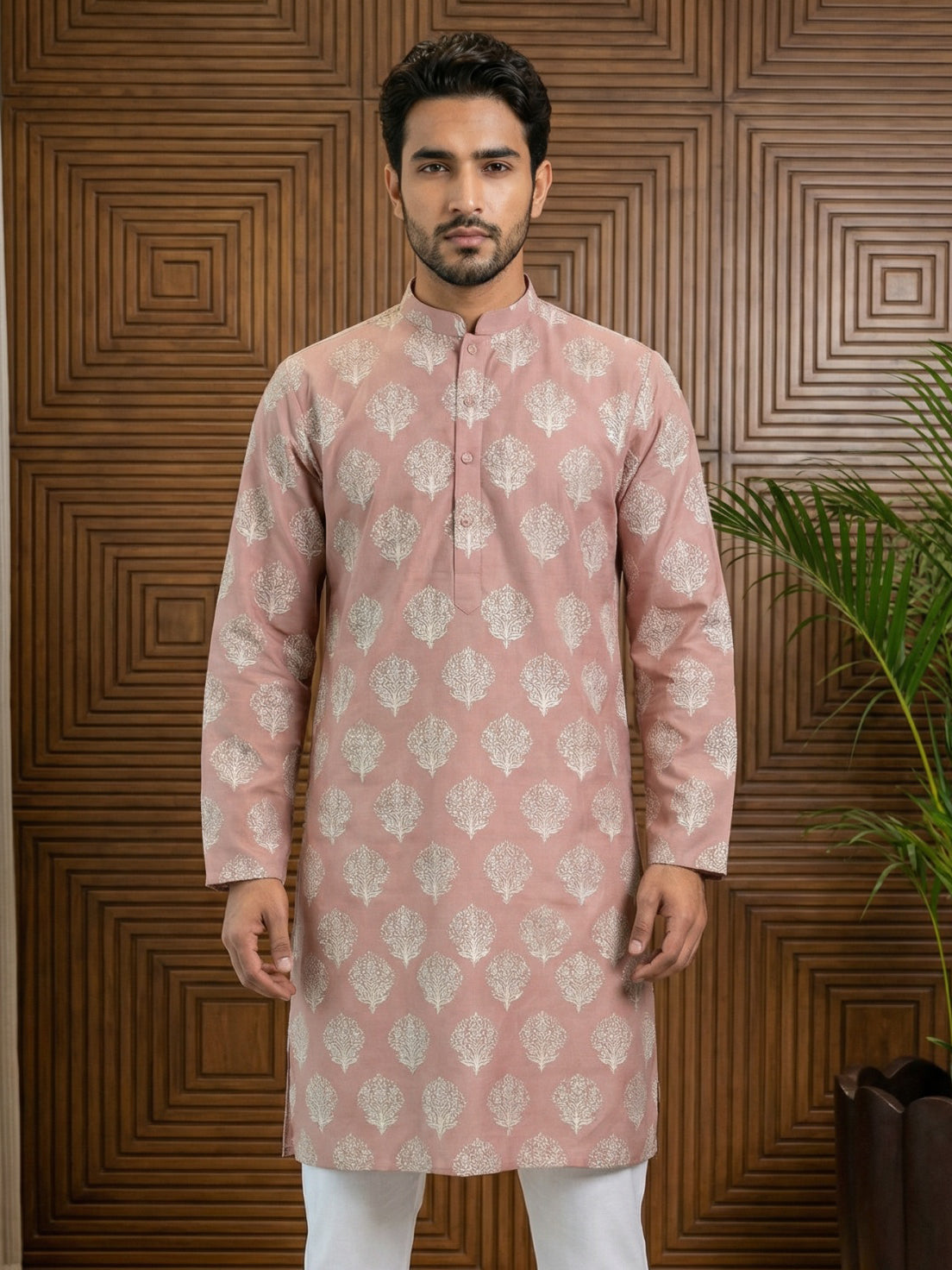 DesiQlo Men Printed Kurta Only - Orange - 65KO_5510Peach_S