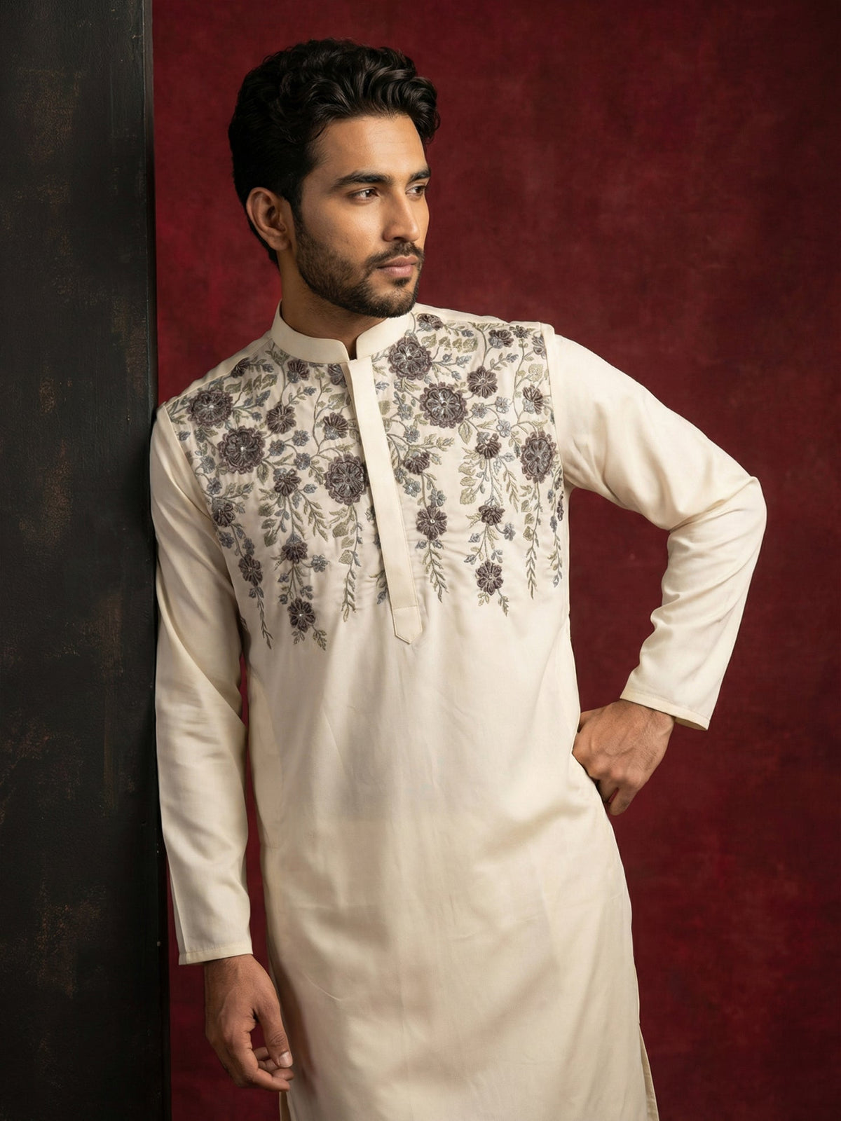 Men’s Cotton Blend Embroidered Festive Kurta ( 65KO 5511Cream ) [FF] [A-1-3]