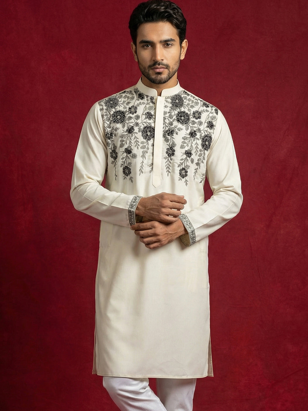DesiQlo Men Embroidered Kurta Only - Beige - 65KO_5511Cream_S