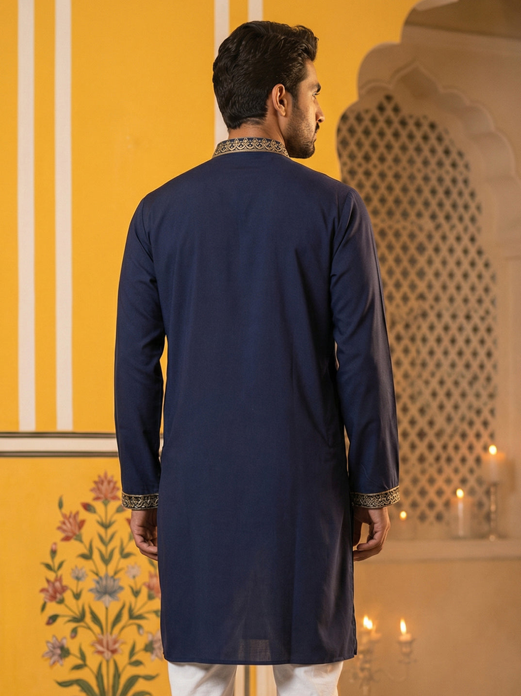 DesiQlo Men Embroidered Kurta Only - Blue - 65KO_5512Navy_S