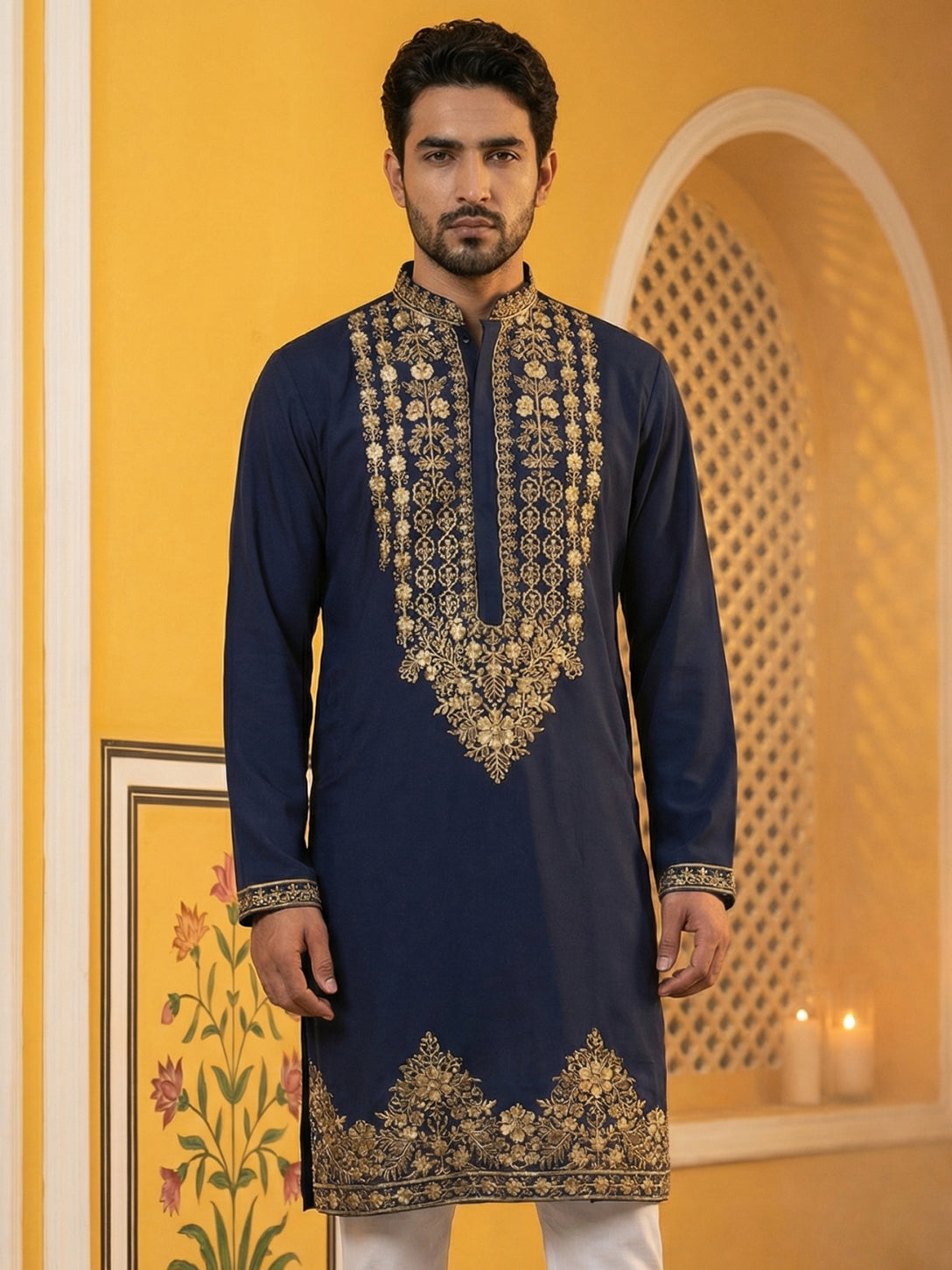 DesiQlo Men Embroidered Kurta Only - Blue - 65KO_5512Navy_S