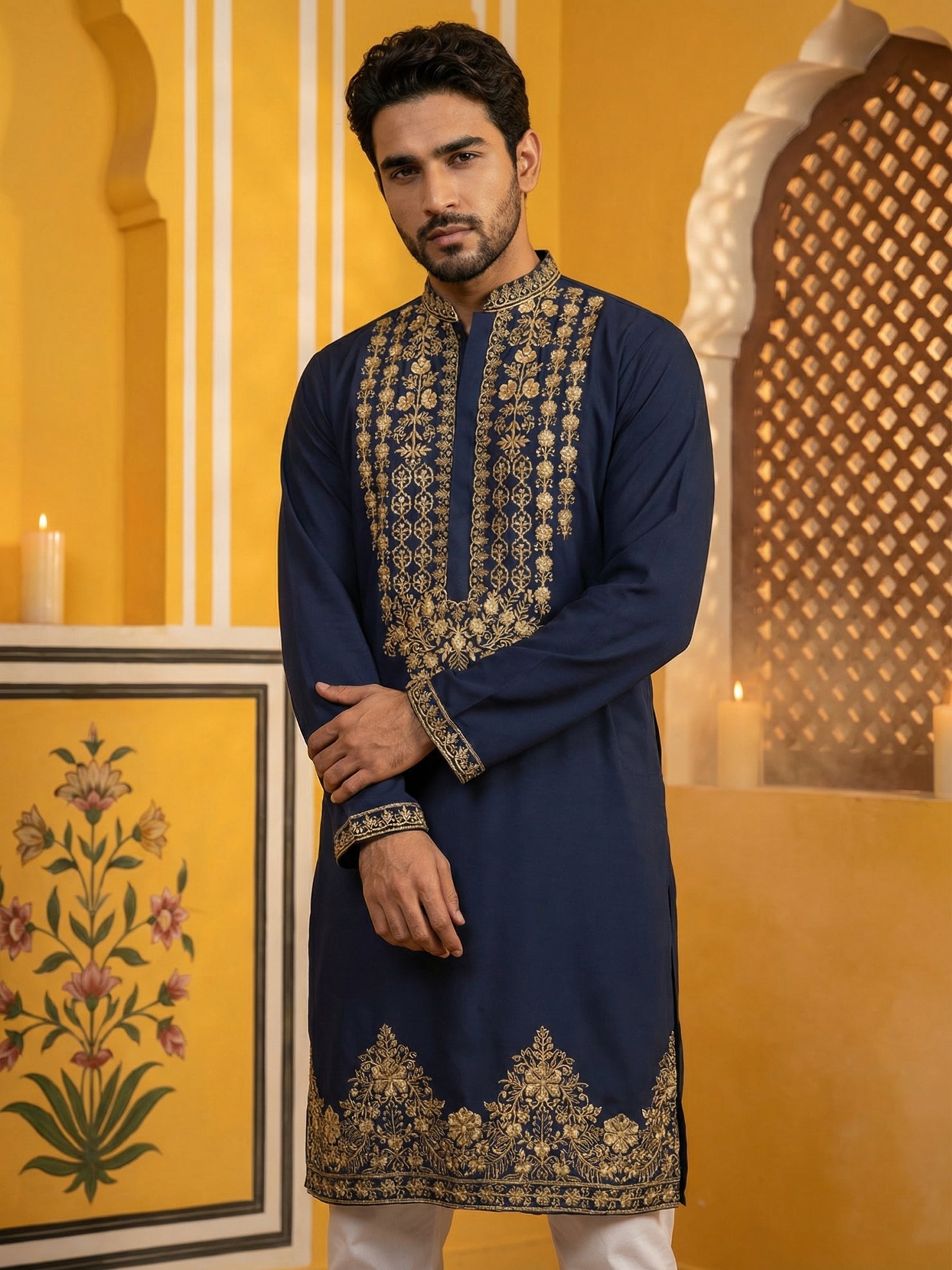 DesiQlo Men Embroidered Kurta Only - Blue - 65KO_5512Navy_S
